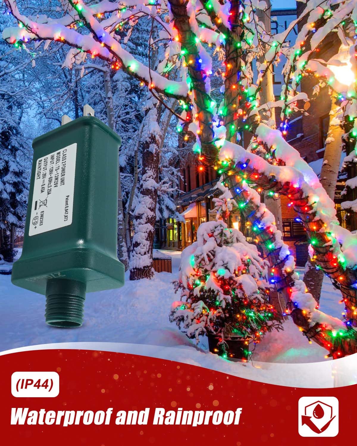 29V 0.45A 13W Power Supply Class 2 Transformer TS-13W29V Fit for LED String Light Holiday Lighting Christmas X-Mas Tree, 1/2in 12mm Right Positive Adapter, Raintight IP44 Plug Connector, 1Pcs