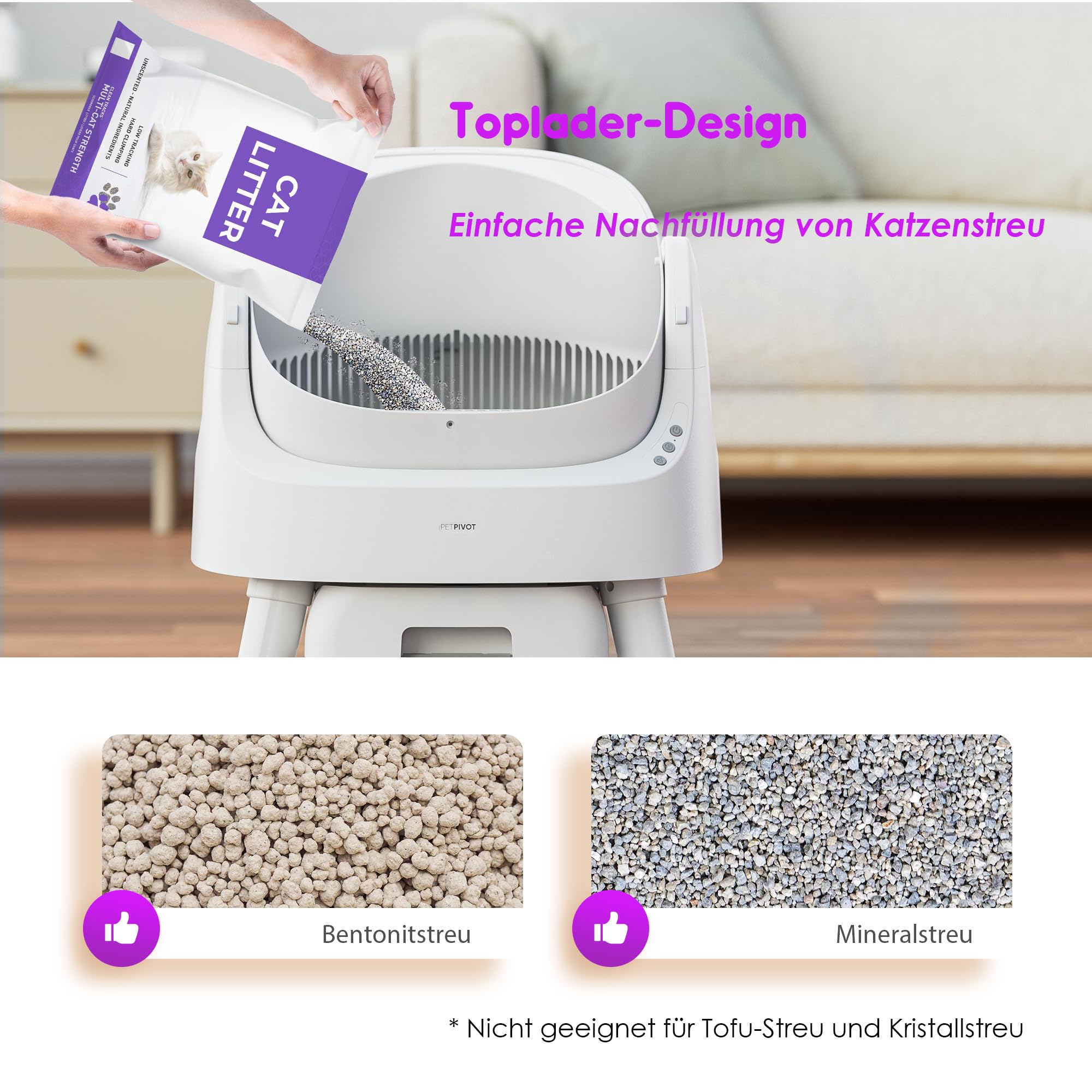 PetPivot Selbstreinigende Katzentoilette mit Offenem Design, Automatische und Manuelle Modi, Sofortige Reinigung und Einfaches Schaufeln, Ideal für Große Katzen, Geeignet für Mehrkatzenhaushalte