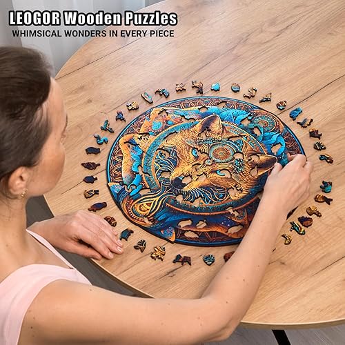 Miniatura 3 de LEOGOR Rompecabezas grande de madera para adultos  Lobo  (350 piezas, 15 x 14.8 pulgadas)  Mandala redondo inspirado en la naturaleza  Coloridas