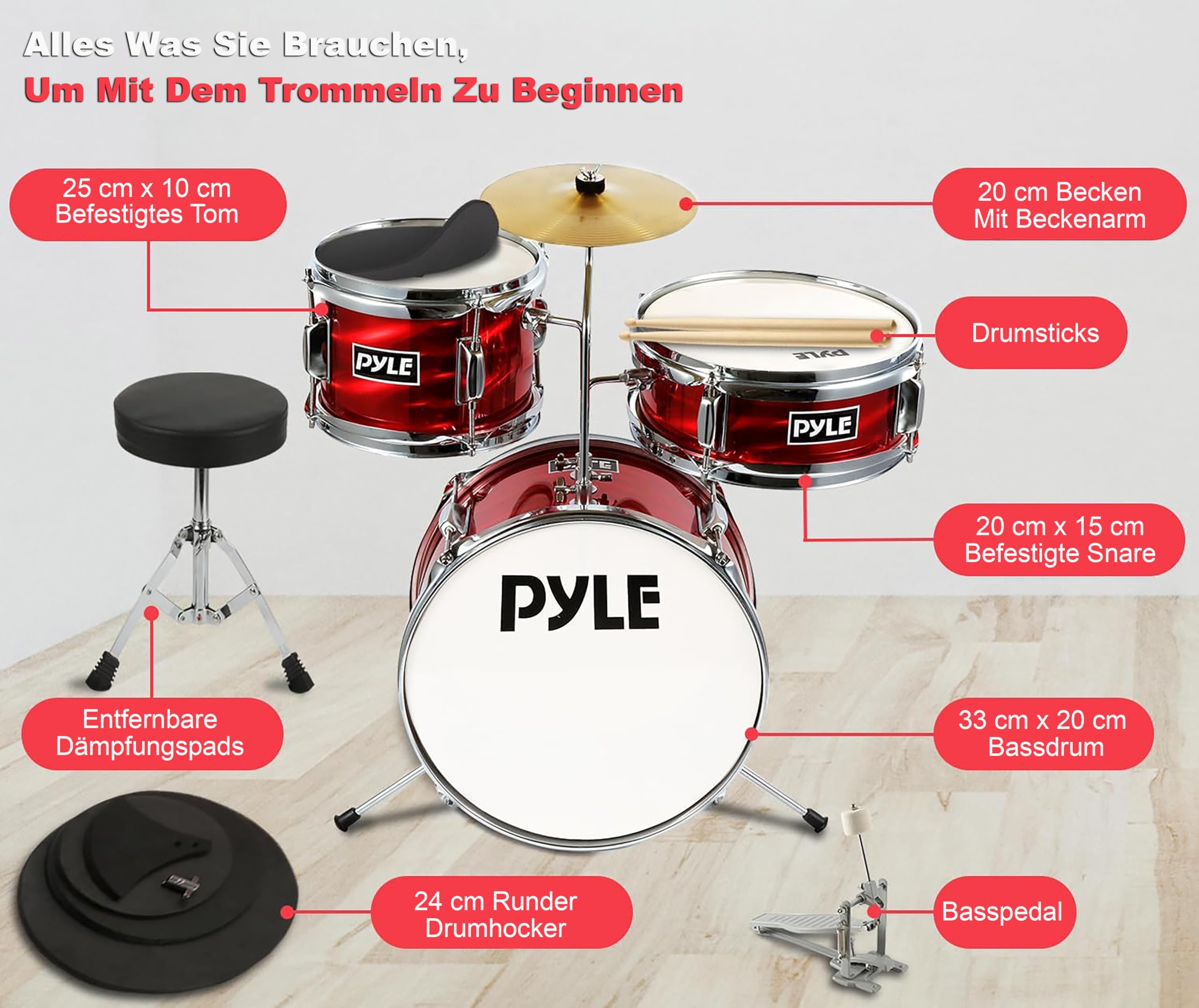 Pyle Kids Drum Set, 3 Piece Beginner Junior Drummer Kit with 13" Bass Drum, Snare, Tom, Cymbal, Adjustable Throne, Mutes, Drumsticks, Red