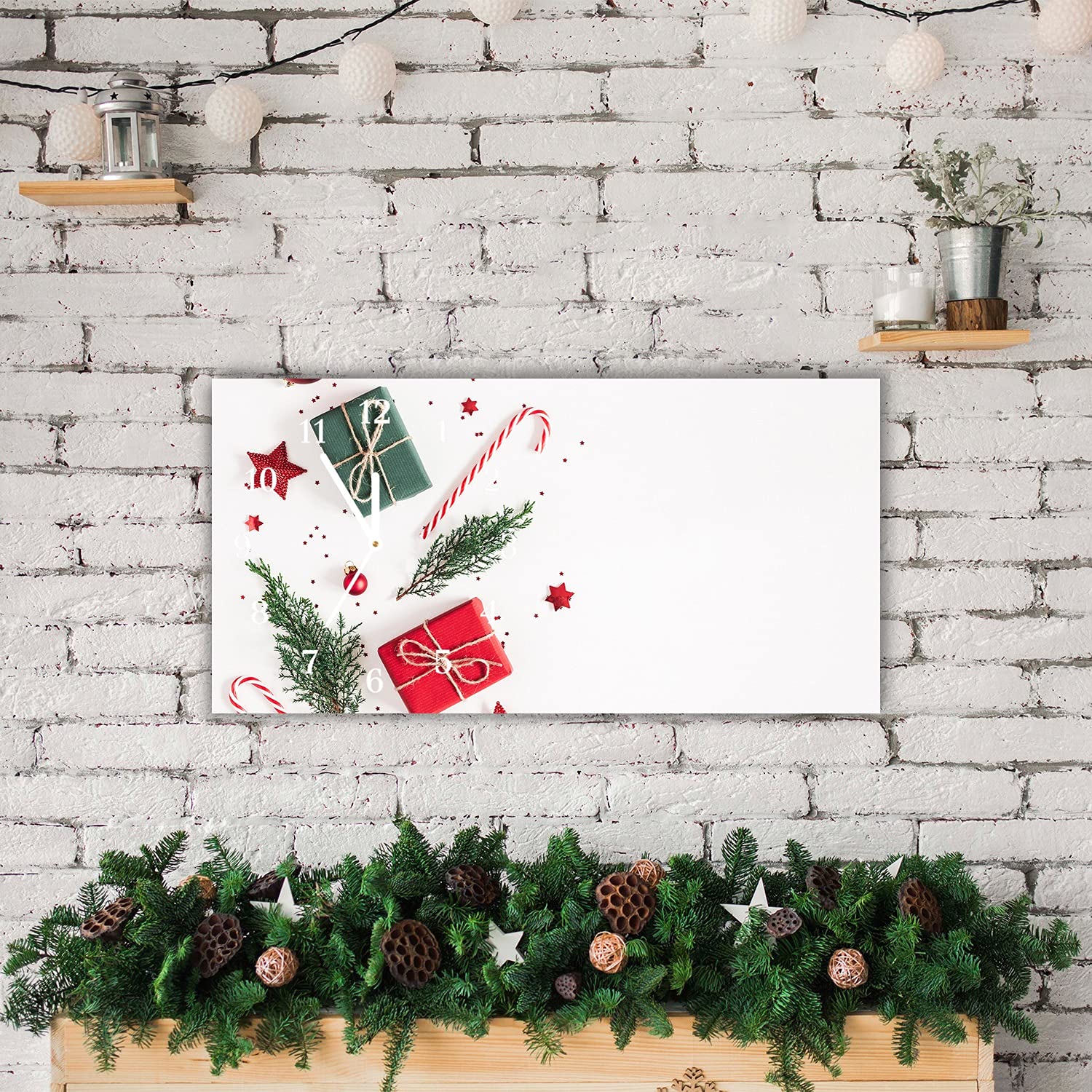 Tulup Zegar Świąteczny Poziomy Prostokatny 60x30cm Białe Wskazówki Szklany Zegar Na Ścianę Ze Szkła Dekoracja Świąteczna Boże Narodzenie Święta Prezent Ścienny - Prezent Słodycze Bombki
