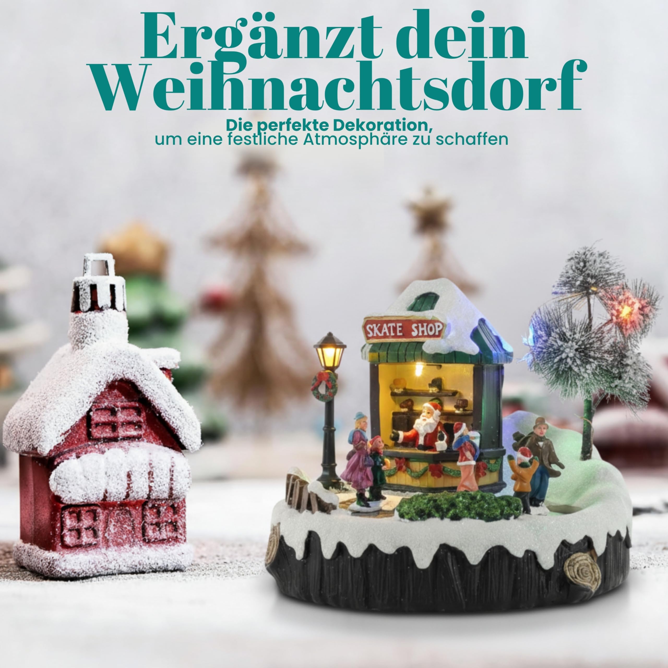 TIN DREAMS | Eislaufbahn Weihnachten mit Musik, Bewegung und Lichtern | Animierte Weihnachtsszene mit Eisläufern | Beleuchtetes Häuschen für Weihnachtsdorf, Miniatur oder Weihnachtsstadt mit Beleuchtu