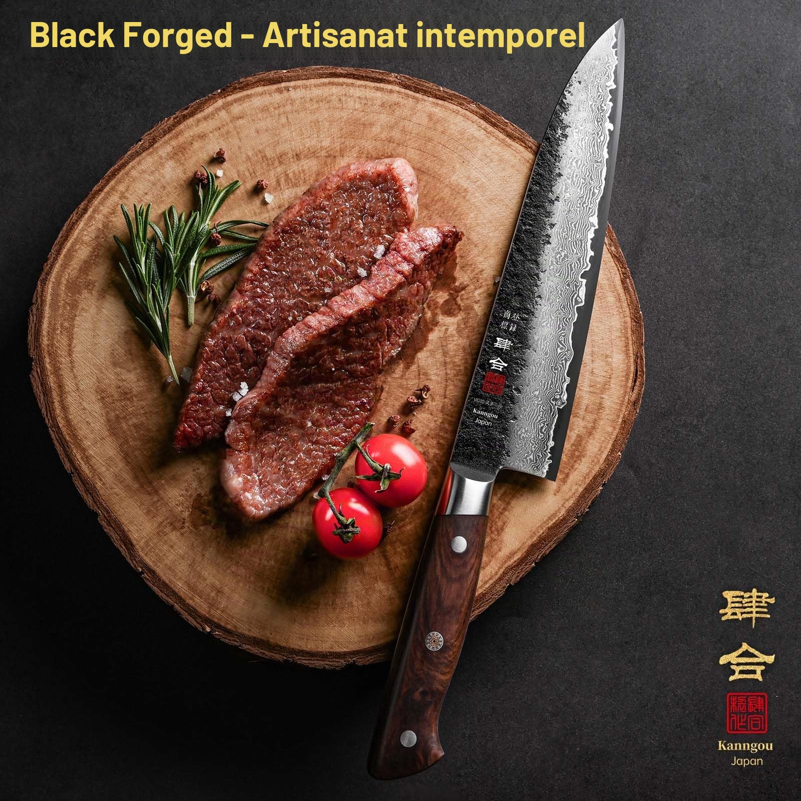 kanngou Couteau de cuisine en acier Damas 21 cm Gyuto, couteau de chef japonais extrêmement tranchant en acier VG-10 avec manche ergonomique en bois de Pakka, design Full-Tang robuste et boîte cadeau
