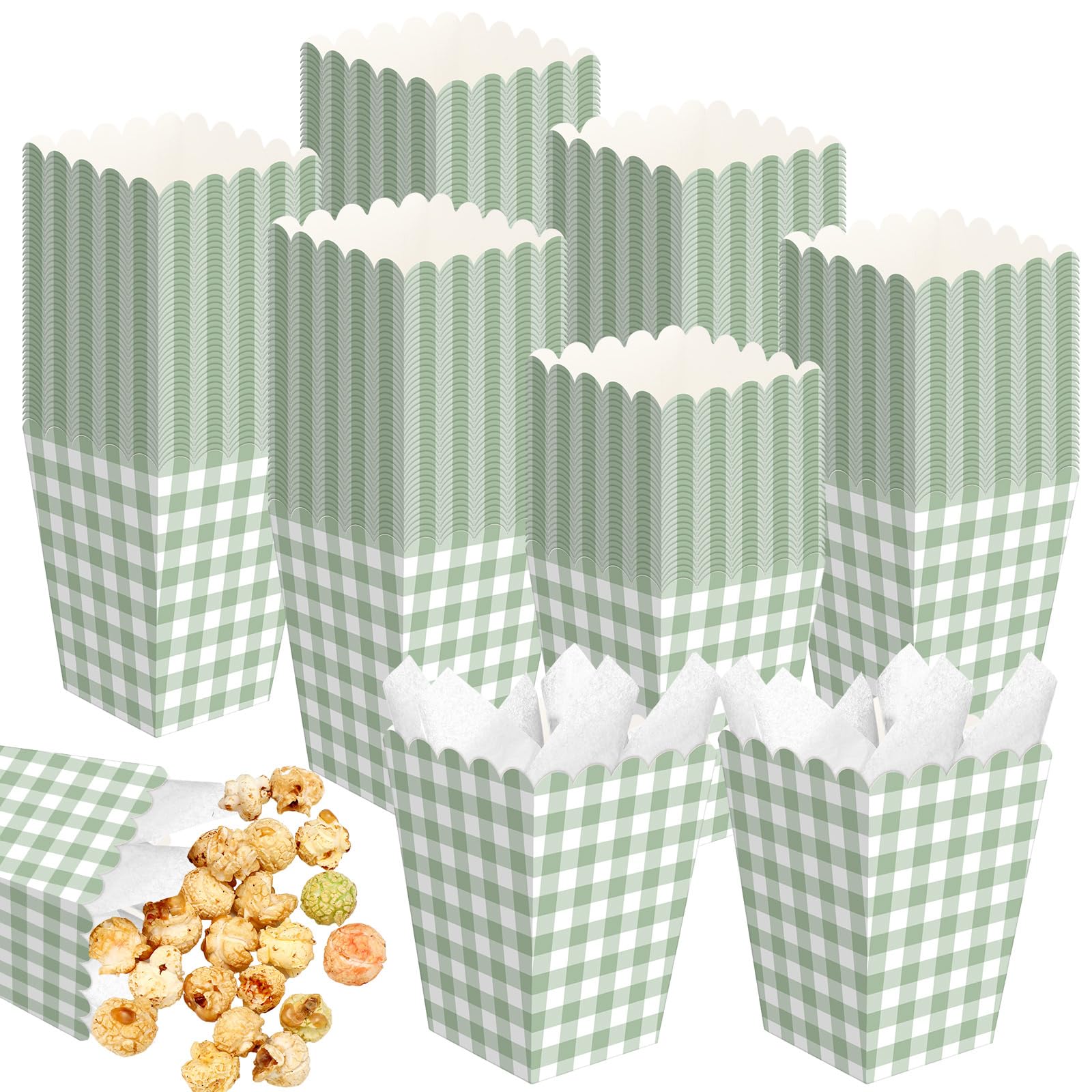 Gueevin 100 scatole per popcorn a quadretti verdi con mini contenitori di carta smerlati per popcorn sfusi a quadretti verdi per feste per feste di cinema, decorazioni per feste di addio al nubilato