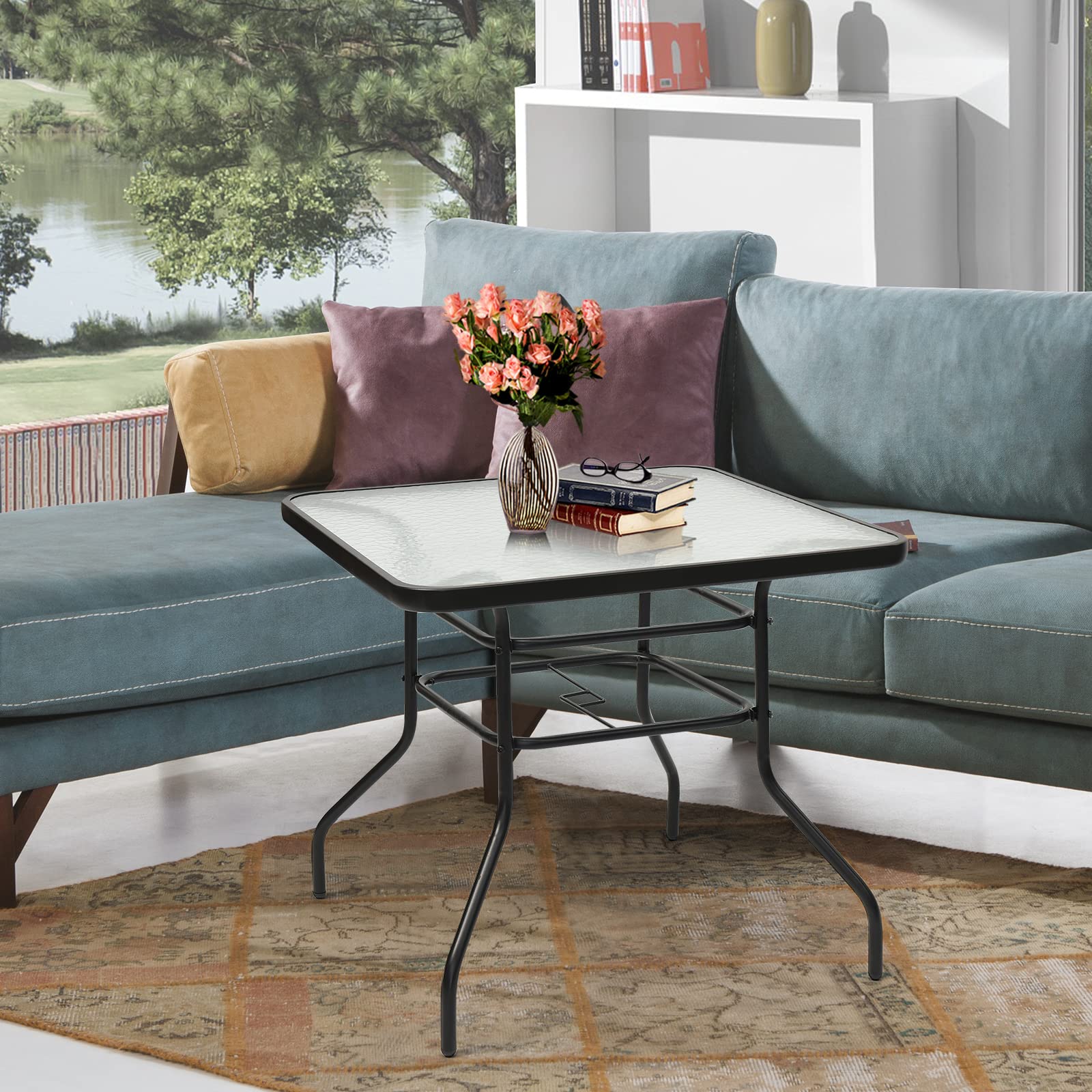 GYMAX Table de Jardin avec Trou de Parasol, Table Extérieur en Verre Trempé, Cadre en Métal, Forme Carrée 81 x 81 x 71 CM, Capacité 80 KG