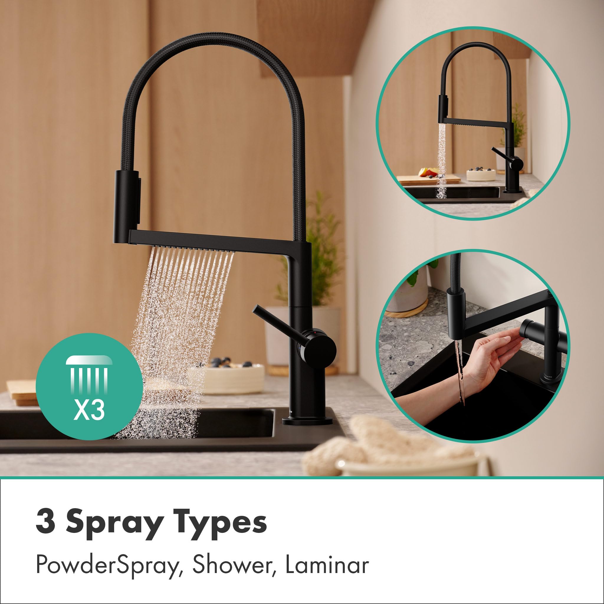 hansgrohe Talis Select M54 PowderSpray - grifo de cocina con ducha extraíble, SemiPro, 3 tipos de chorro, altura del caño 210 mm, grifo cocina fregadero con caño giratorio, negro mate, 72861670