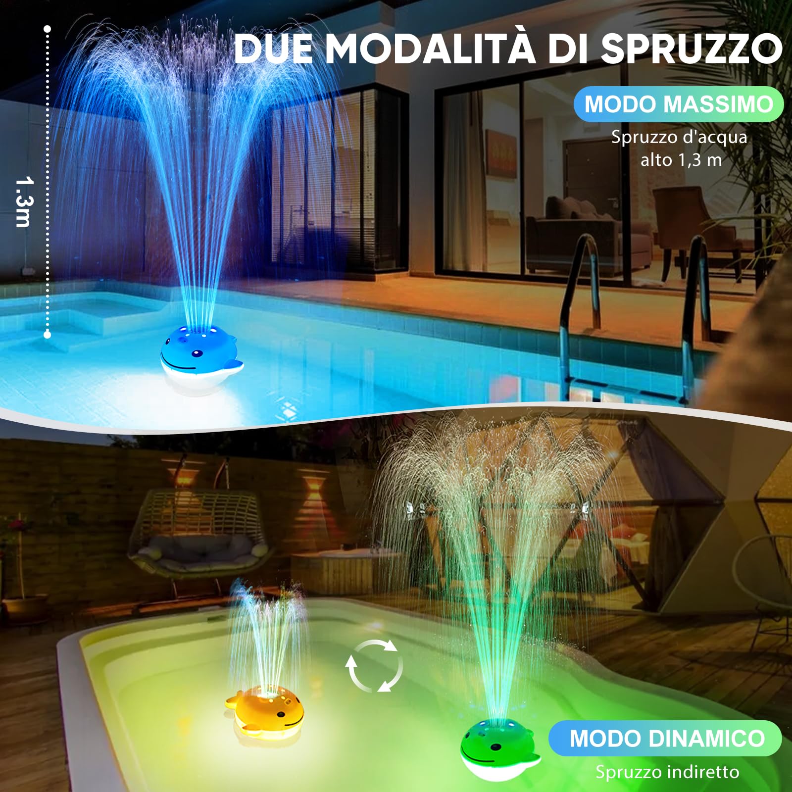 DeeprBling Fontana Galleggiante per Piscina con Spettacolo di Luci Subacquee, Fontana da Piscina a Batteria Ricaricabile, 2 Modalità di Spruzzatura con Telecomando e Pulsanti, 7 Modalità di Luce
