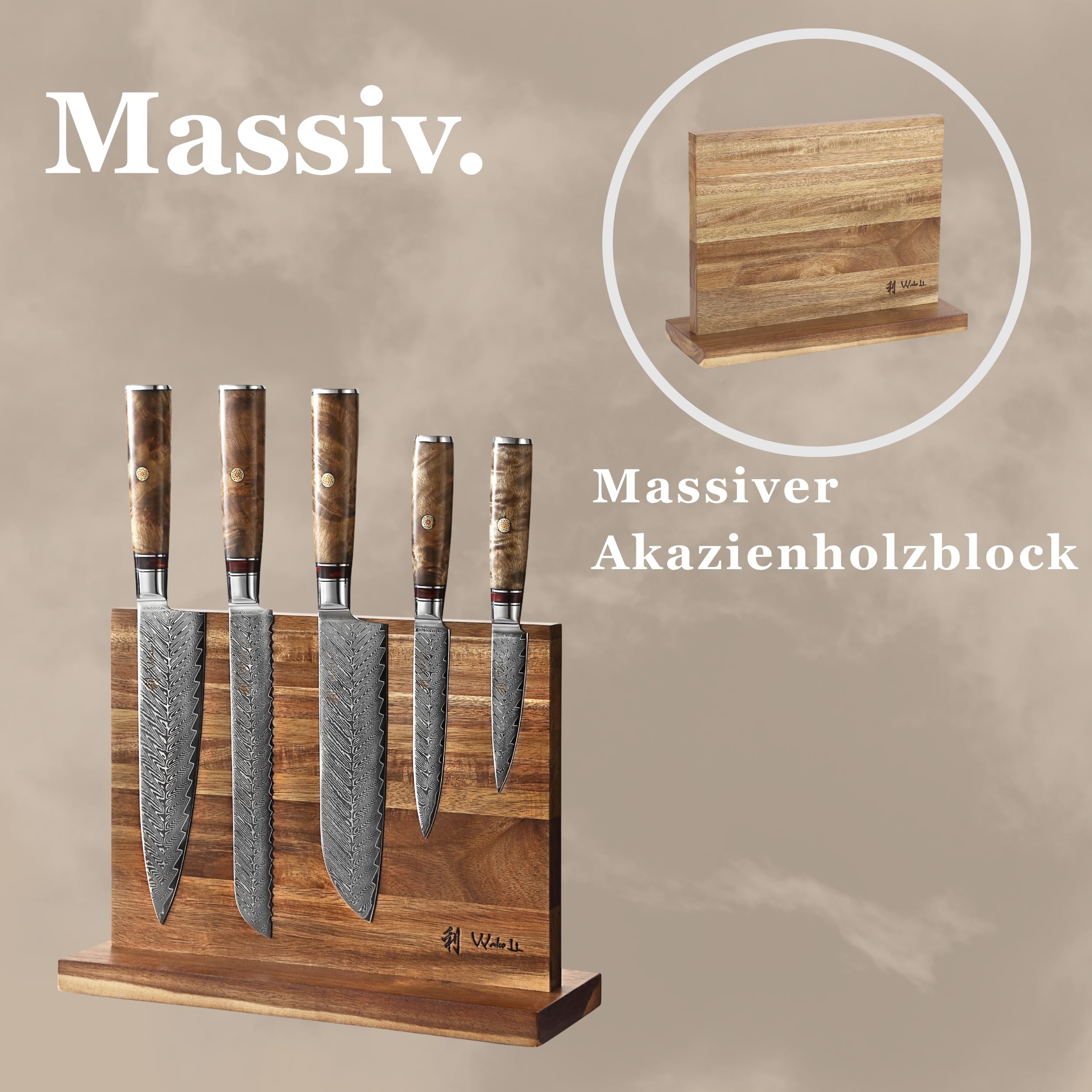 Wakoli Culinary Sycamore Messerblock Set, 5 Messer aus 67 Lagen Damaststahl | Kochmesser, Brotmesser, Santoku, Allzweck- und Officemesser mit VG10 Kern, Berghorngriffen und Magnetblock aus Akazienholz