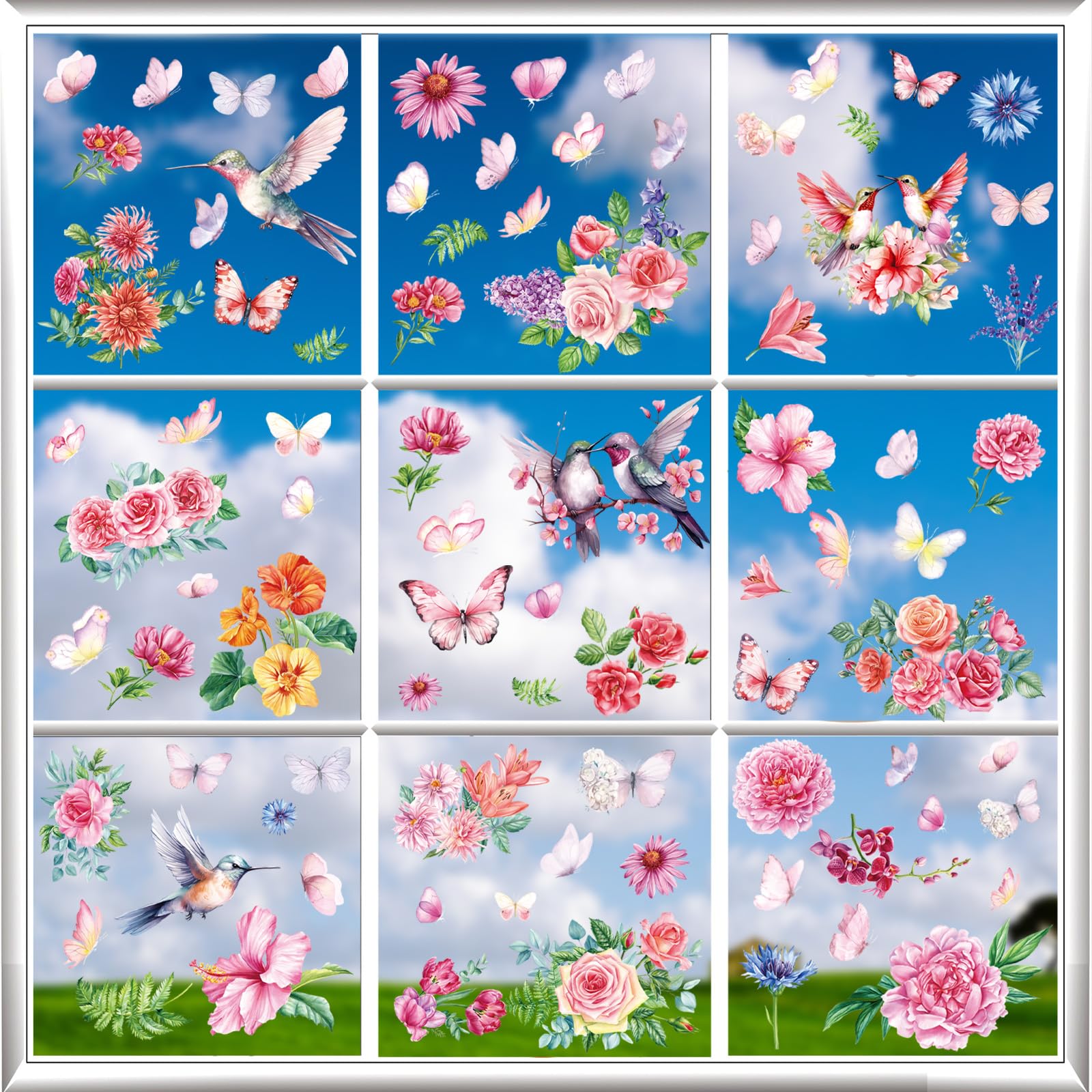 85PCS Spring Window Clings - Spring Window Clings for Glass Windows, Spring Flower Butterfly Stickers for Window Decals, Double-Sided Floral Flower Window Clings for Bird Strike Prevention (9 Sheets)