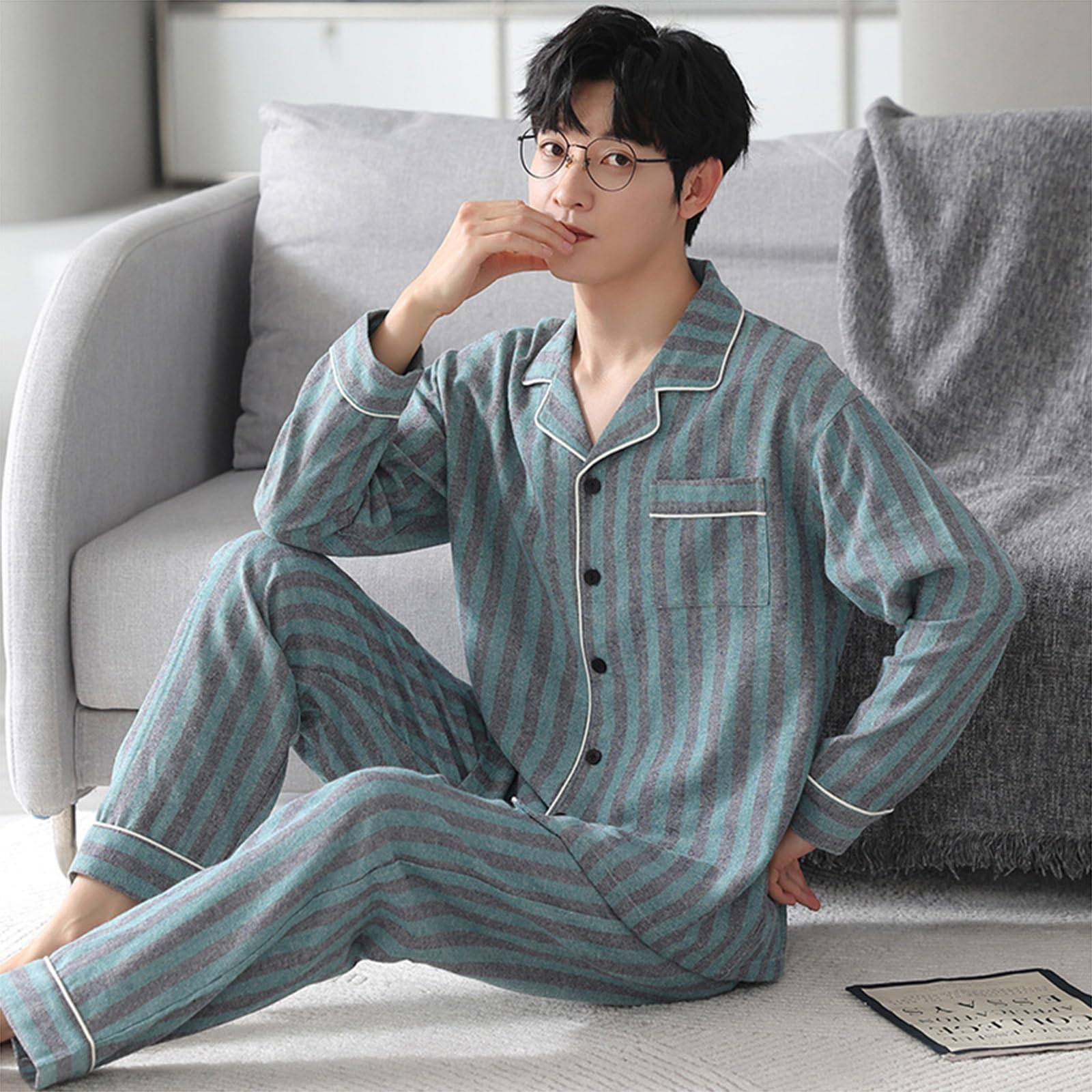 Pigiama da Uomo a 2 Pezzi Set Manica Lunga Classico Plaid Button Down Pigiameria Loungewear Pjs Set L-3XL
