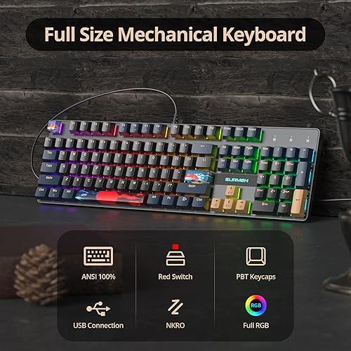 Miniatura 3 de Teclado mecánico de tamaño completo, teclado cremoso con teclado numérico, teclado para juegos con cable de 104 teclas con interruptor rojo,