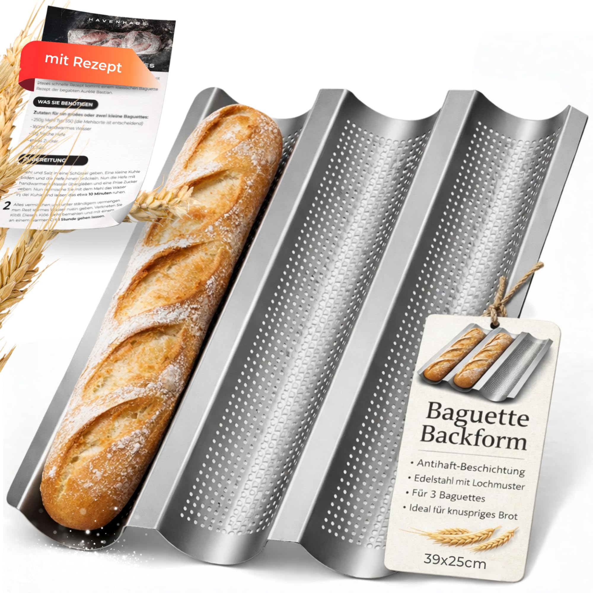 Havenhaus Baguette Backform Edelstahl I perforierte Baguette Backform für 3 Baguette Laibe 39 x 25cm I Baguette-Backblech Edelstah I hochwertigste Materialien für ewige Freude I Baguetteblech