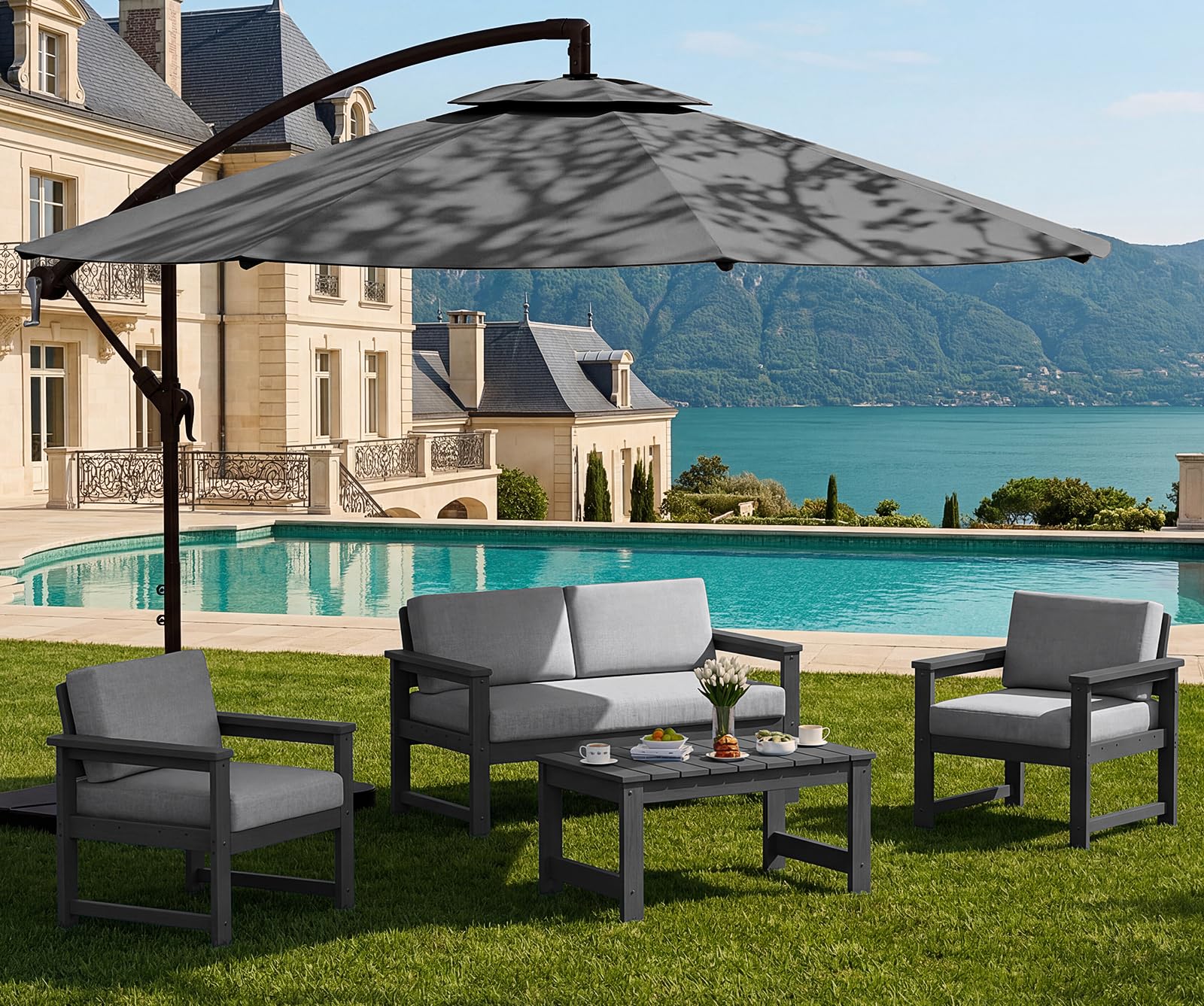 SERWALL 4 Pieces HDPE Outdoor Loveseat Sofa Set with 10FT Patio Umbrella