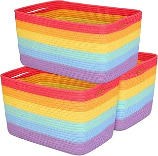 DOFASAYI Rainbow Storage Basket 3-Pack - Baskets for Organizing | Woven Baskets for Storage | Toy Storage Basket for Nursery | Baby Organizer Basket With Handles | Cotton Rope Baskets for Storage