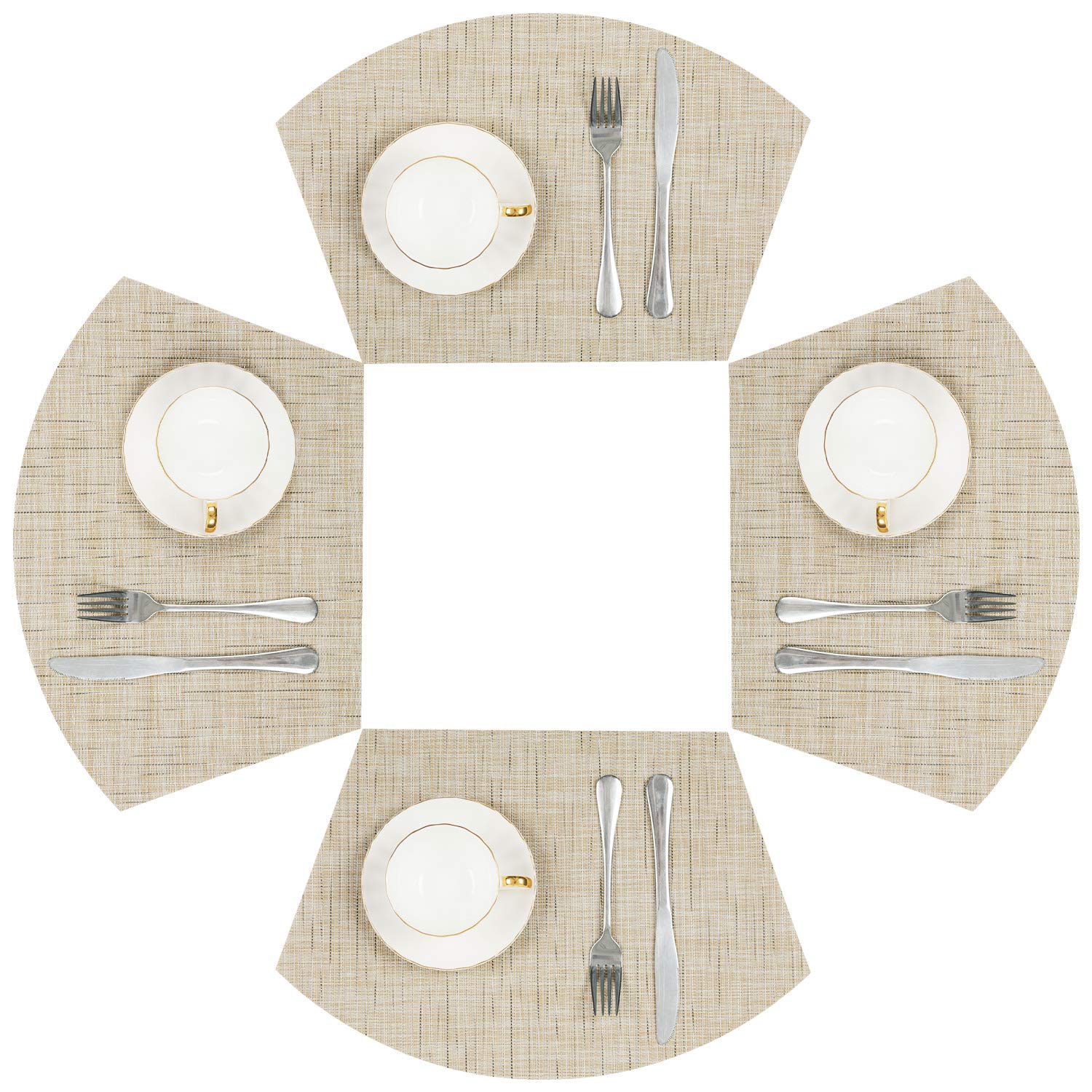 SHACOS Round Table Placemats Wedge Shaped Placemat Set of 4 Non Slip Heat Resistant Woven Vinyl Table Mats Wipe Clean Indoor Outdoor (4, Beige Yellow)