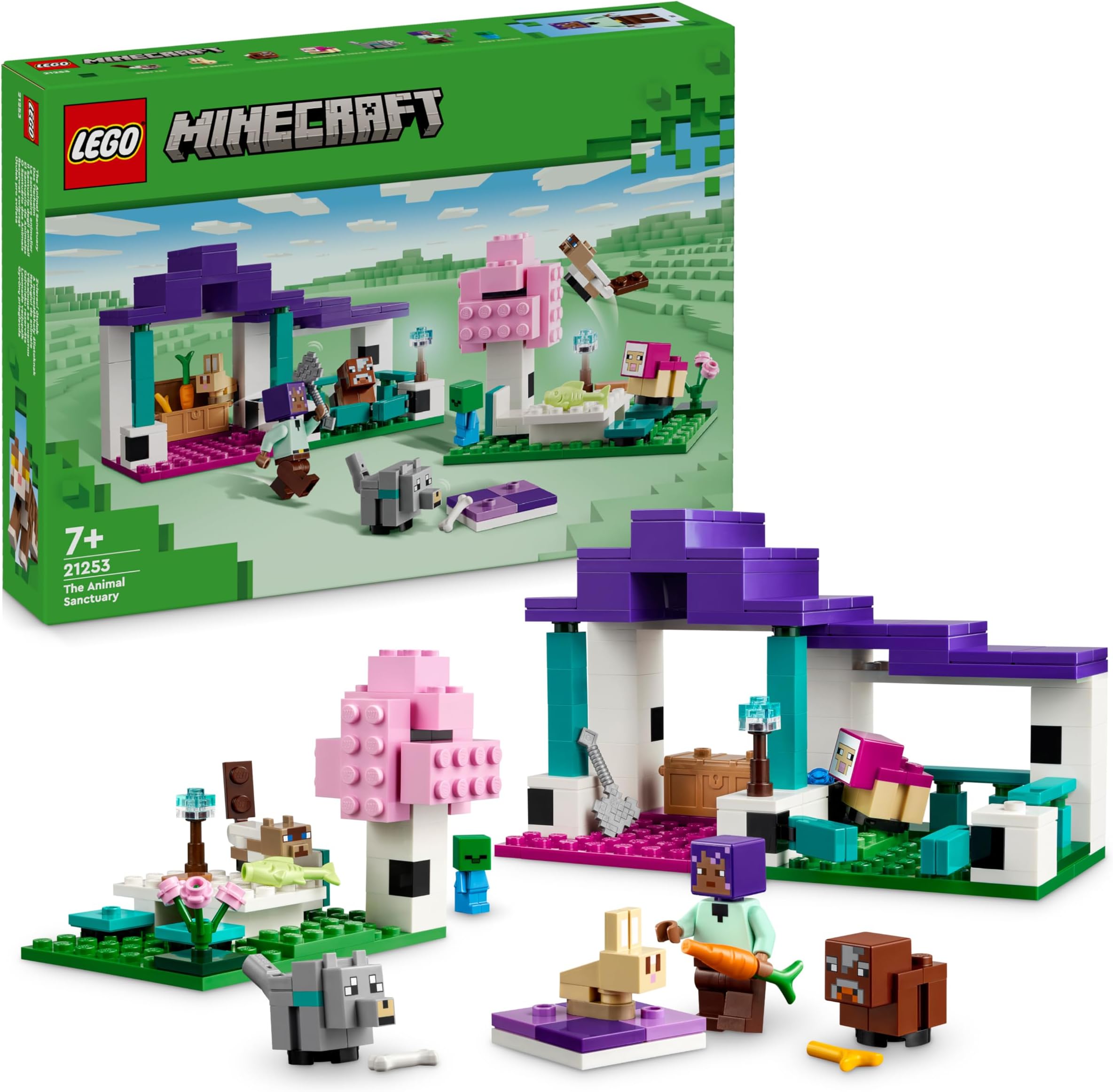 Minecraft The Animal Sanctuary, Building Toys for Girls and Boys Aged 7 Plus with Character Figures, plus Baby Zombie, Cow, Wolf, Rabbit, Magenta Sheep & Cat, Gift for Gamers and Kids 21253