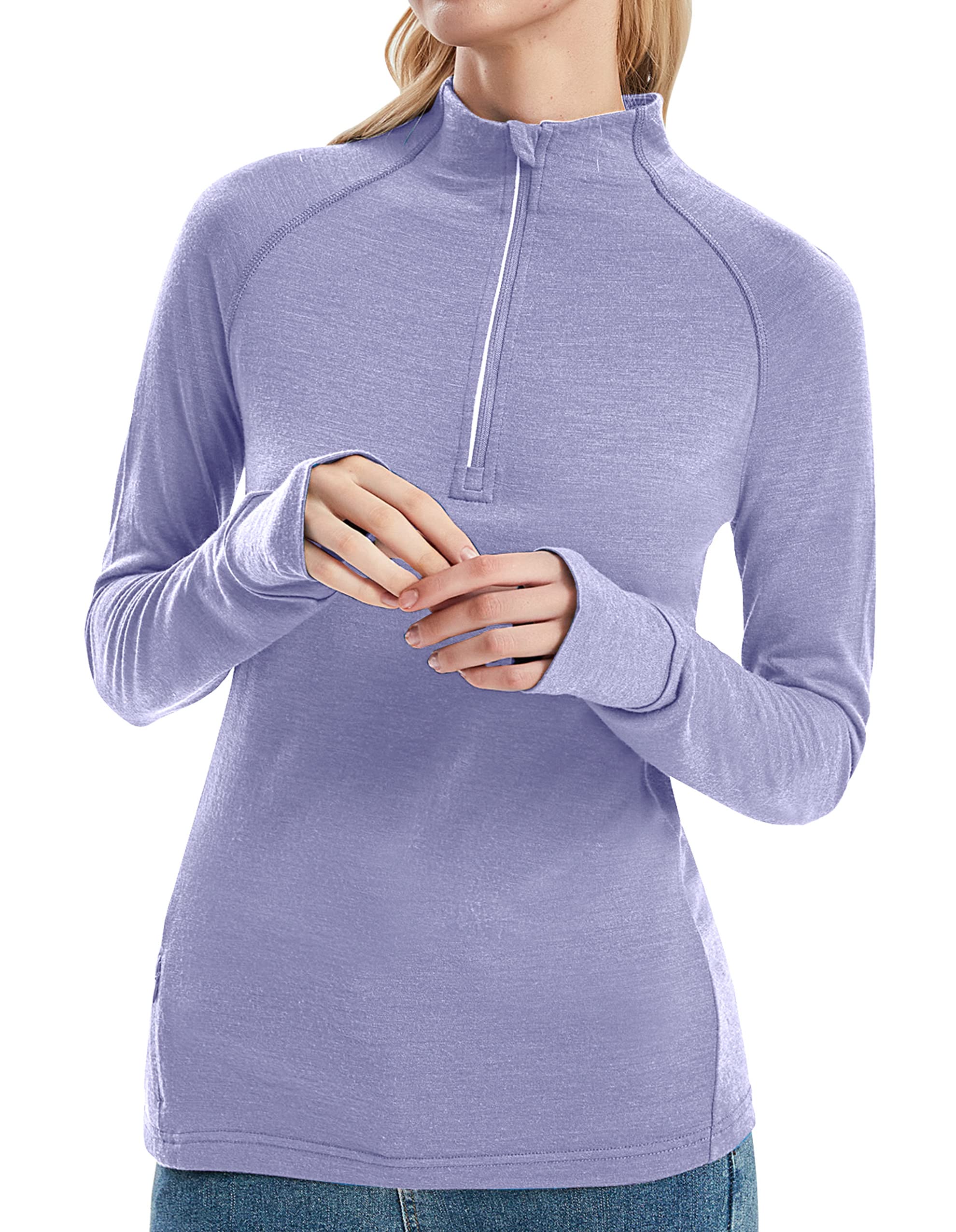 Womens 100% Merino Wool Base Layer Top 220 Midweight Zip Neck Tops for Ski