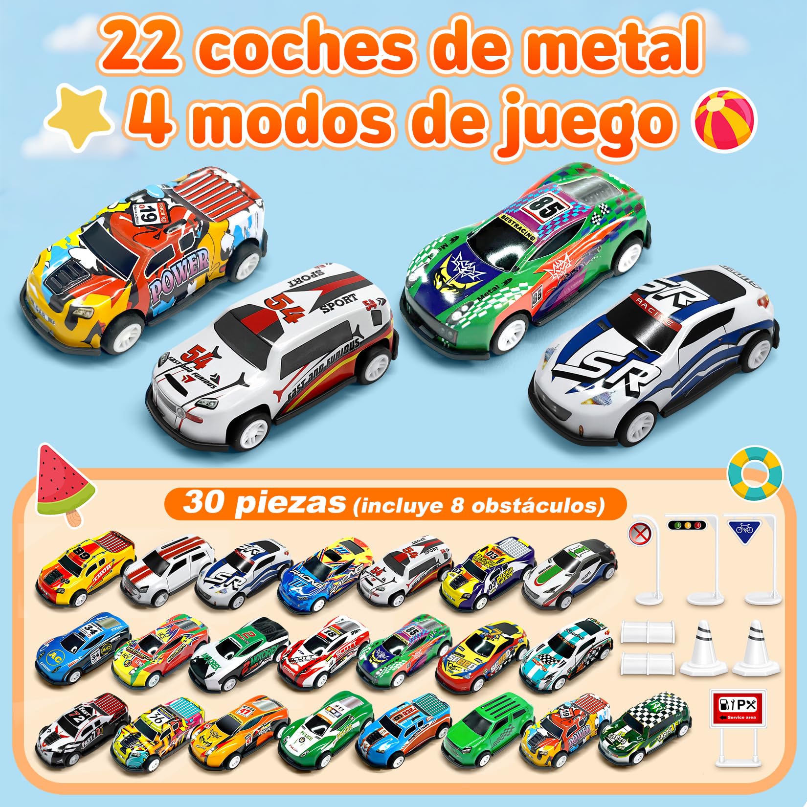 Coches para Niños, Juguete Coche de Carreras, 22 Pack Micromachines de Retroceso de Metal con 8 Obstáculos, Mini Racers Cars Juguetes 3 4 5 6 7 8 Años, Navidad Cumpleaños Fiesta Regalos
