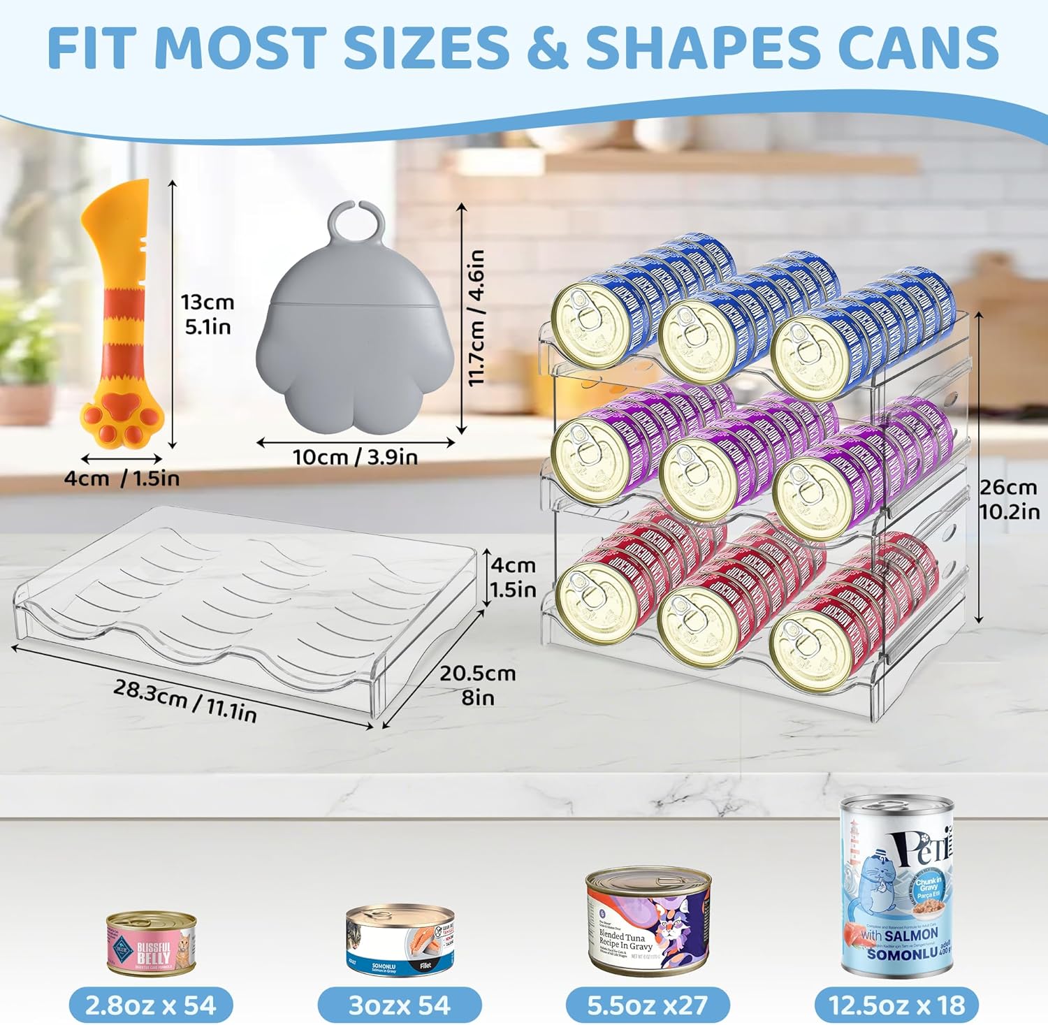 Cat Food Can Organizer, 3 Layer Clear Acrylic Cat Food Storage Rack Holds 54 Cans, Includes Pet Can Spoon & Silicone Can Cover, Canned Food Organizer for Countertop Kitchen Cabinet