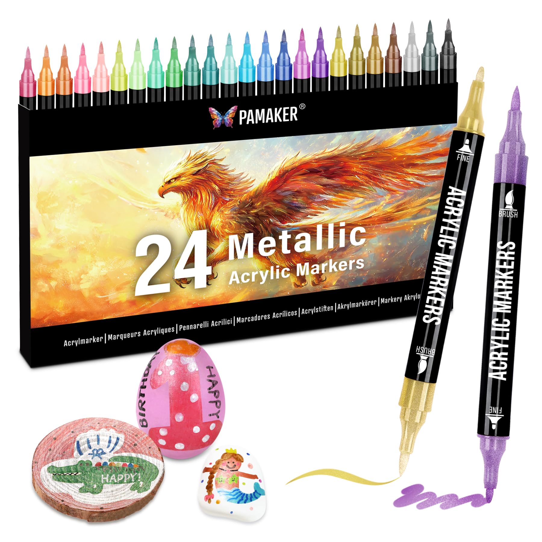 Pamaker 24-Farben Acrylfarbe Marker, Dual Tip mit feiner Spitze und Pinsel Spitze Stifte für Stein, Holz, Kalligraphie, Leinwand, Keramik, Metall, Glas, Rock Malerei, DIY Handwerk