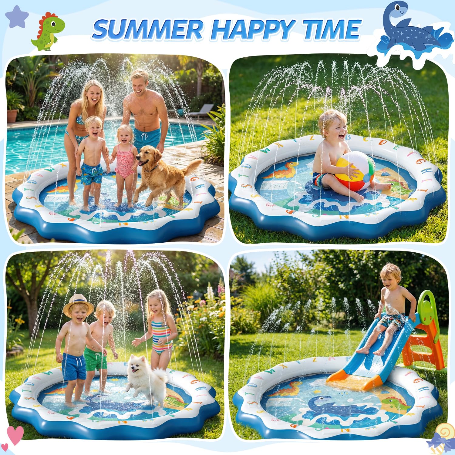 Skirfy Dinosaurier Splash Pad, Sprinkler-Spielmatte, 170 cm Sommer-Wasserspielzeug für Kinder, Wasserspritzmatte für Outdoor-Familienaktivitäten, Partys, Strand und Garten, 170 cm
