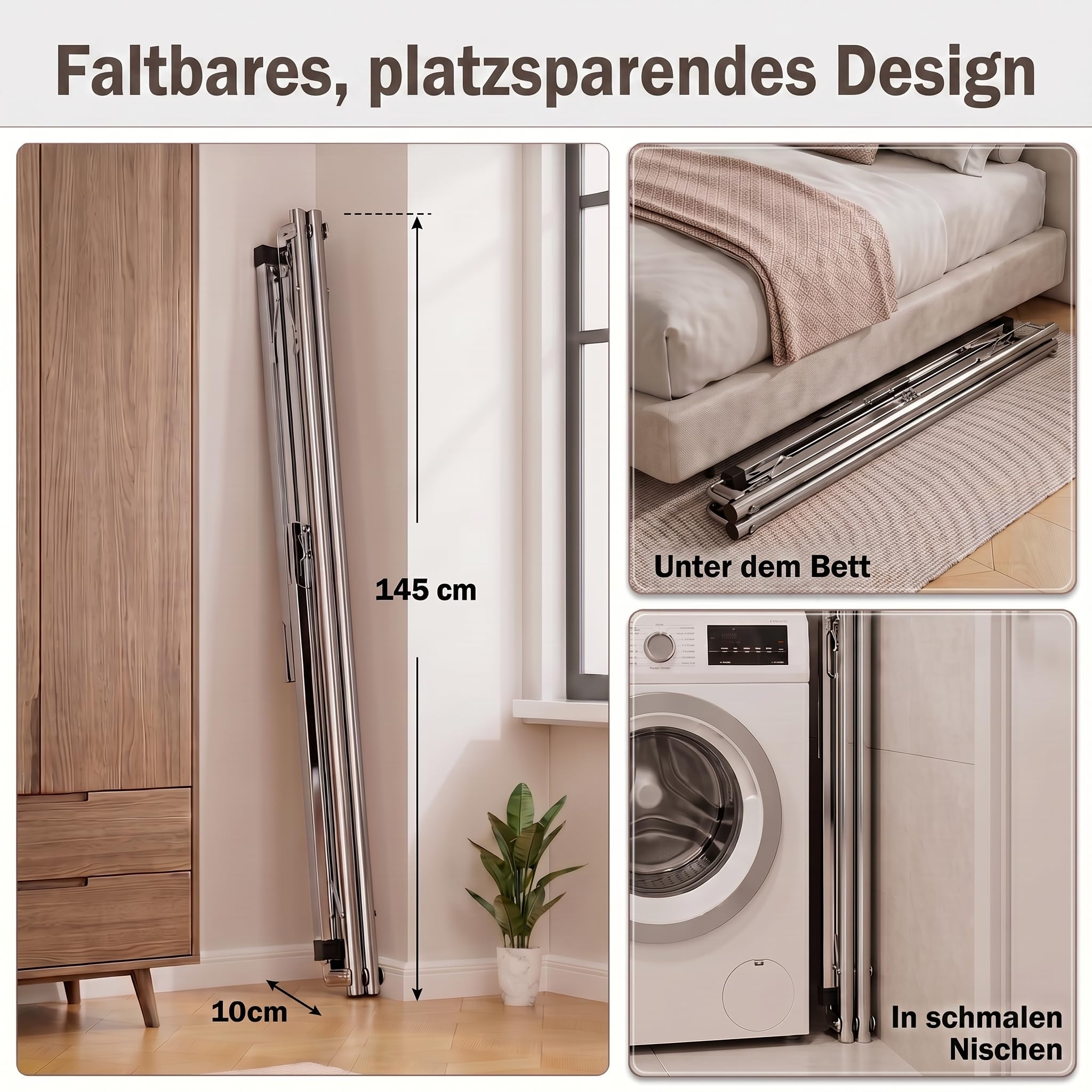 Wäscheständer, faltbar, Edelstahl, Typ Tancarville, Wäscheständer für drinnen und draußen, verstellbarer Wäscheständer 140 – 240 cm, 60 kg pro Stange, mit 40 Haken, winddicht