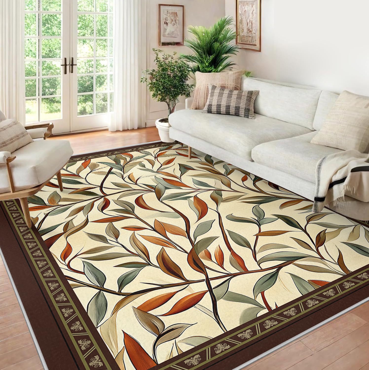Dywan kuchenny w stylu retro, 140 x 200 cm, jesienny nadruk gałązek, duży dywan do jadalni, korytarza, ciepłe, płaskie runo, brązowa krawędź, mata podłogowa nadaje się do prania