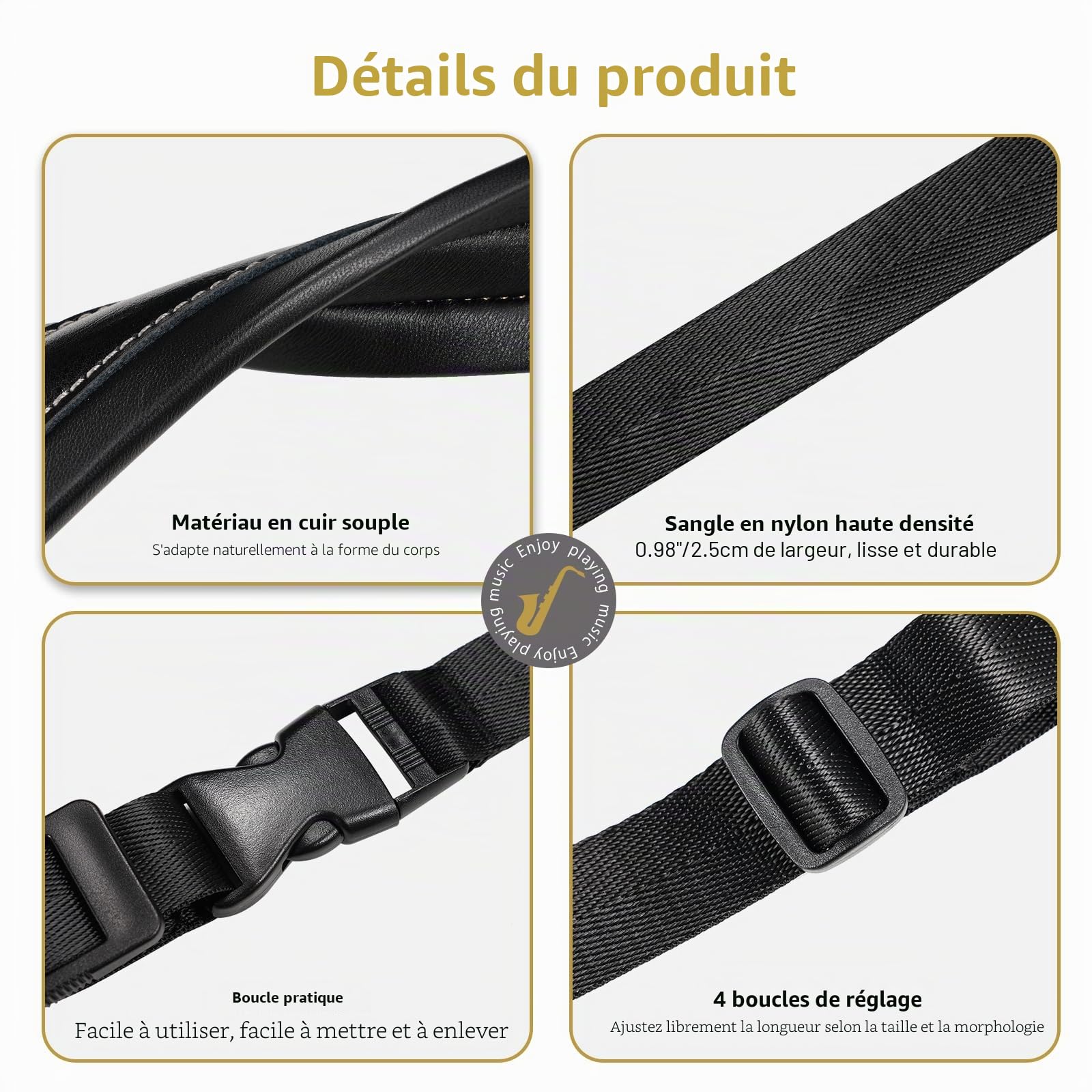 POGOLAB Sangle Saxophone, Harnais Sangle de Saxophone, Support de Saxophone en Cuir Souple avec Crochet en Métal, Sangle à Vent Universel Réglable pour Saxophone Alto Saxon Tenor Soprano