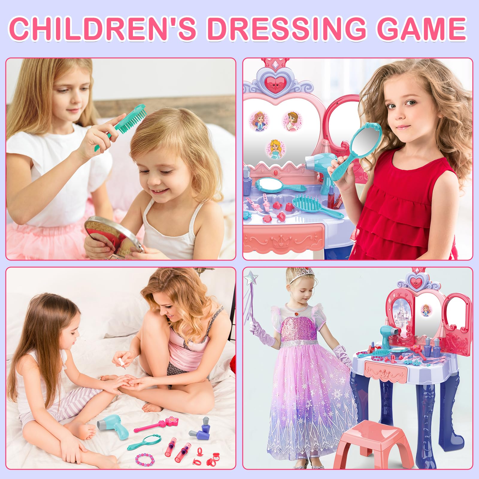 deAO Coiffeuse Enfant avec Miroir Tabouret et Accessoires, Coiffeuse pour Filles avec Lumière et Musique, Ouverture de la Porte par Induction, Kit de Maquillage pour Filles à Partir de 3 Ans - Bleu