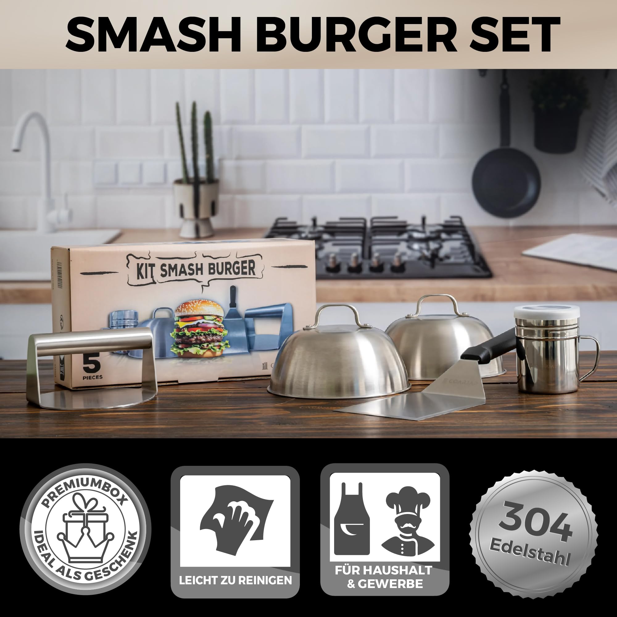 Smash Burger Set – Inklusive 1 Smash Burgerpresse, 1 Grillspachtel, 2 Burgerglocke und 1 Gewürzstreuer – EU-Zertifiziert für Lebensmittelkontakt