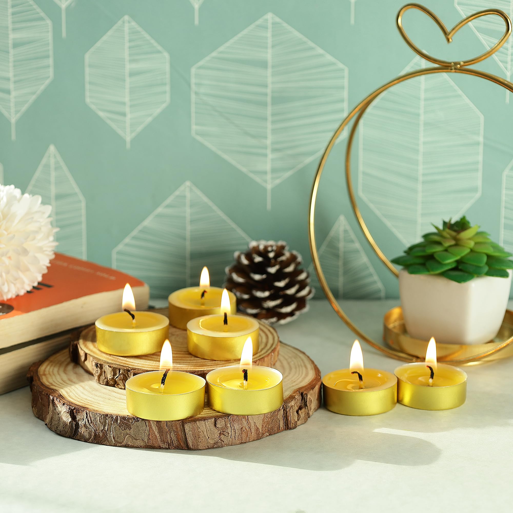 Welburn Veda&CoGhee Tealight Candles - Pack of 100, Upto 4 Hours Burning Time, Pure Cow Ghee Butter Lamp Candle Set in Beautiful Gold Color Cup for Meditation, Ceremonies, Rituals, Altars, Diwali