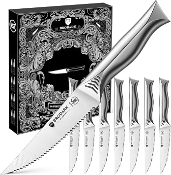 BRODARK Steak Knives Set of 8 4.5 Inch Serrated Steak Knives - High Carbon Stainless Steel Kitchen Steak Knife Set - Never Need Sharpening - NSF Certified, Shark Series
