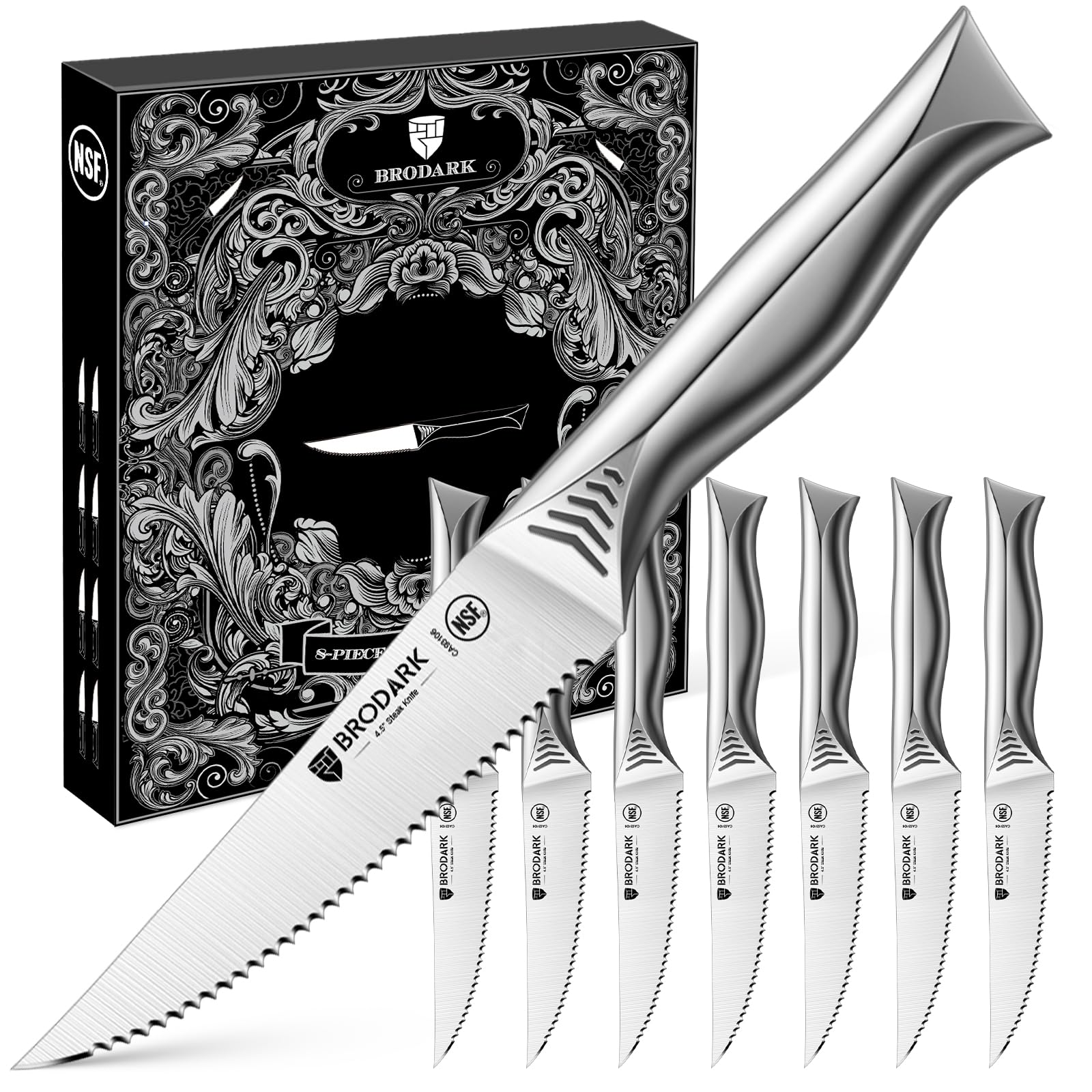 BRODARK Steak Knives Set of 8: 4.5 Inch Serrated Steak Knives - High Carbon Stainless Steel Kitchen Steak Knife Set - Never Need Sharpening - NSF Certified, Shark Series