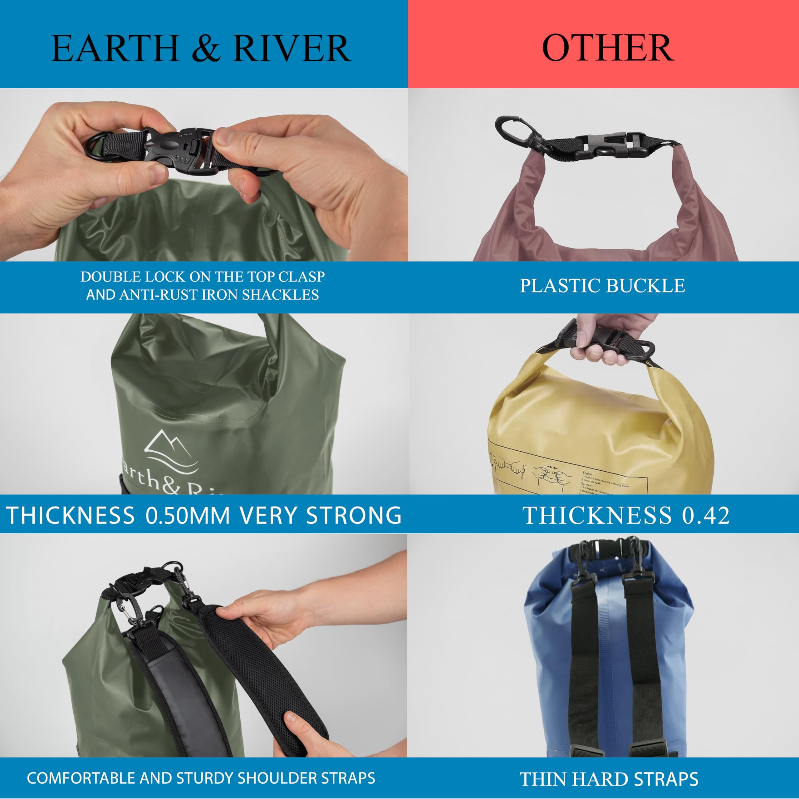 EARTH&RIVER Mochila seca para kayak, mochileros, rafting y navegación, protección impermeable resistente, correas de hombro anchas y ajustables (verde militar, 10 L)