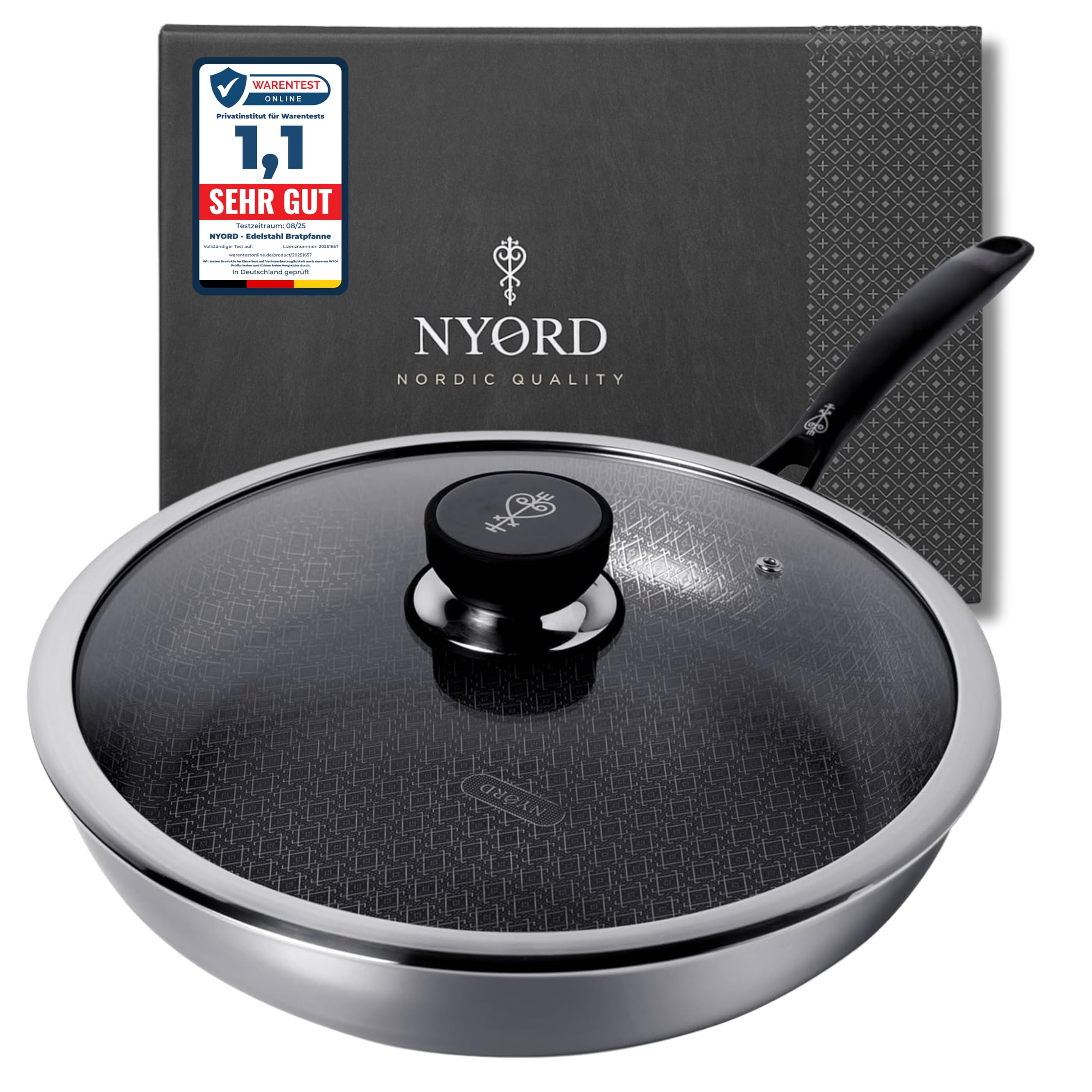 NYORD Edelstahlpfanne - Antihaft, Kratzfest, Pfanne Wabenstruktur, Spülmaschinenfest, Hybrid Bratpfanne, Keramik Beschichtung, PTFE & PFOA frei, Ofenfest, für Induktion, Gas & Ceran, mit Deckel - 28cm