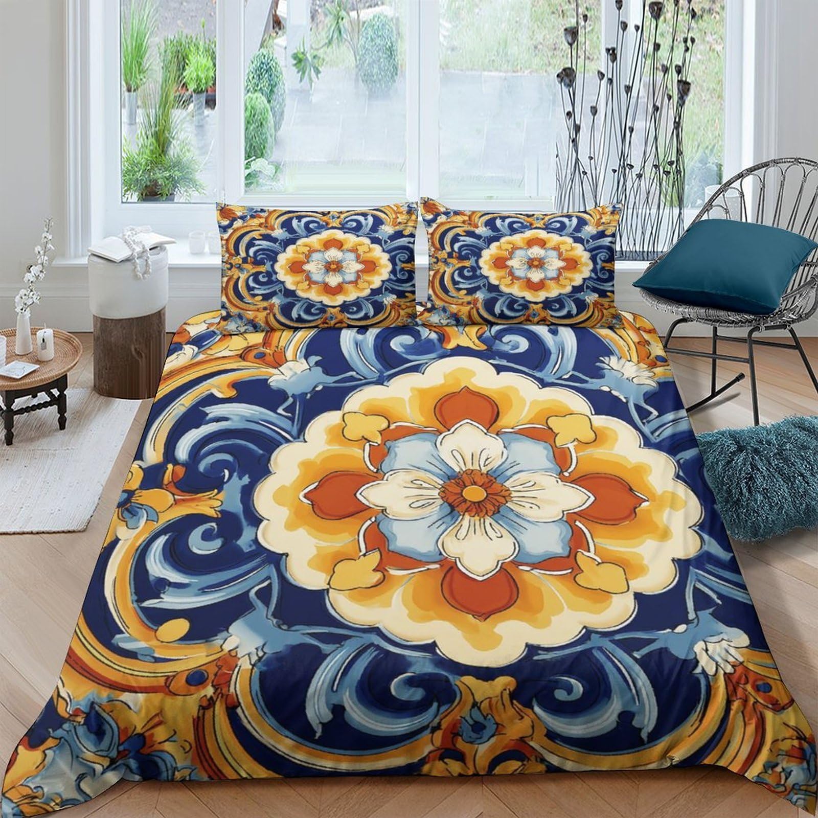 Ctjqhvkz Style-10 3D Printed Mediterranean Tile Fitted Sheet Microfiber Slip-Resistant Floral Pattern Mattress Cover For Bedroom Guest Room Decor Single（135X200cm）