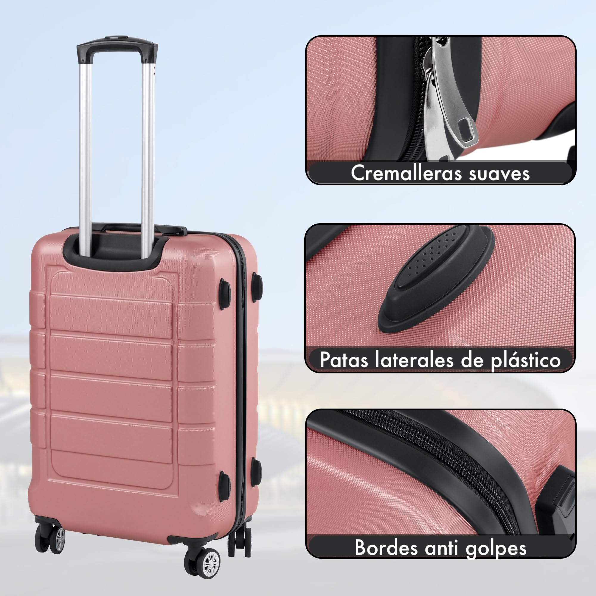 Juego o Set de 3 Maletas de Viaje - 4 ruedas dobles giratorias - Neceser - Maleta de cabina - equipaje de mano - Cerradura TSA - Ligeras - ABS - Resistentes - Asa telescópica