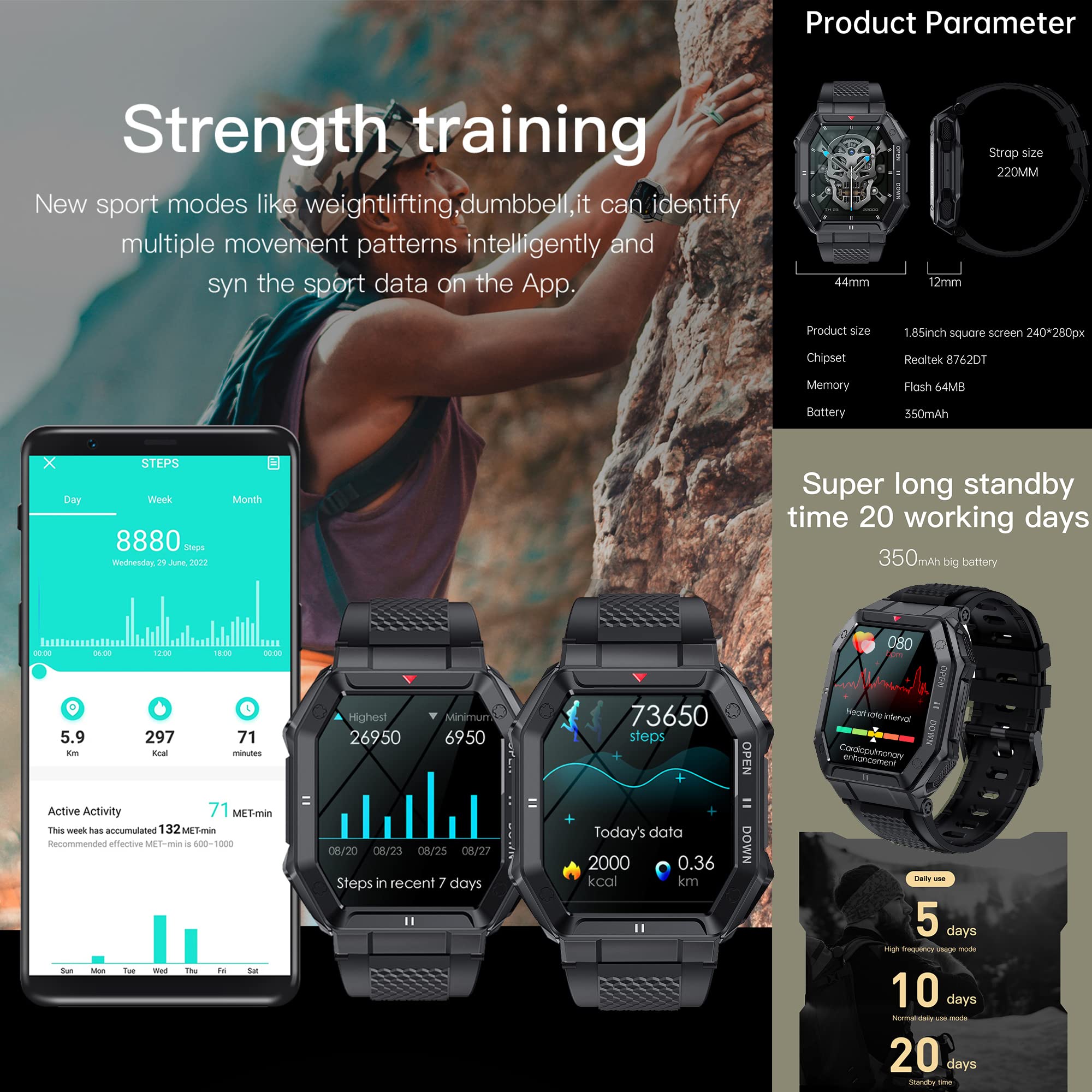 Smartwatch Hombre con Llamada Bluetooth/Marcación, 1.85" Reloj Inteligente con Reproductor de Música, Presión Arterial, Pulsómetro, SpO2, Monitor Sueño Smartwatch Android iOS(Black)