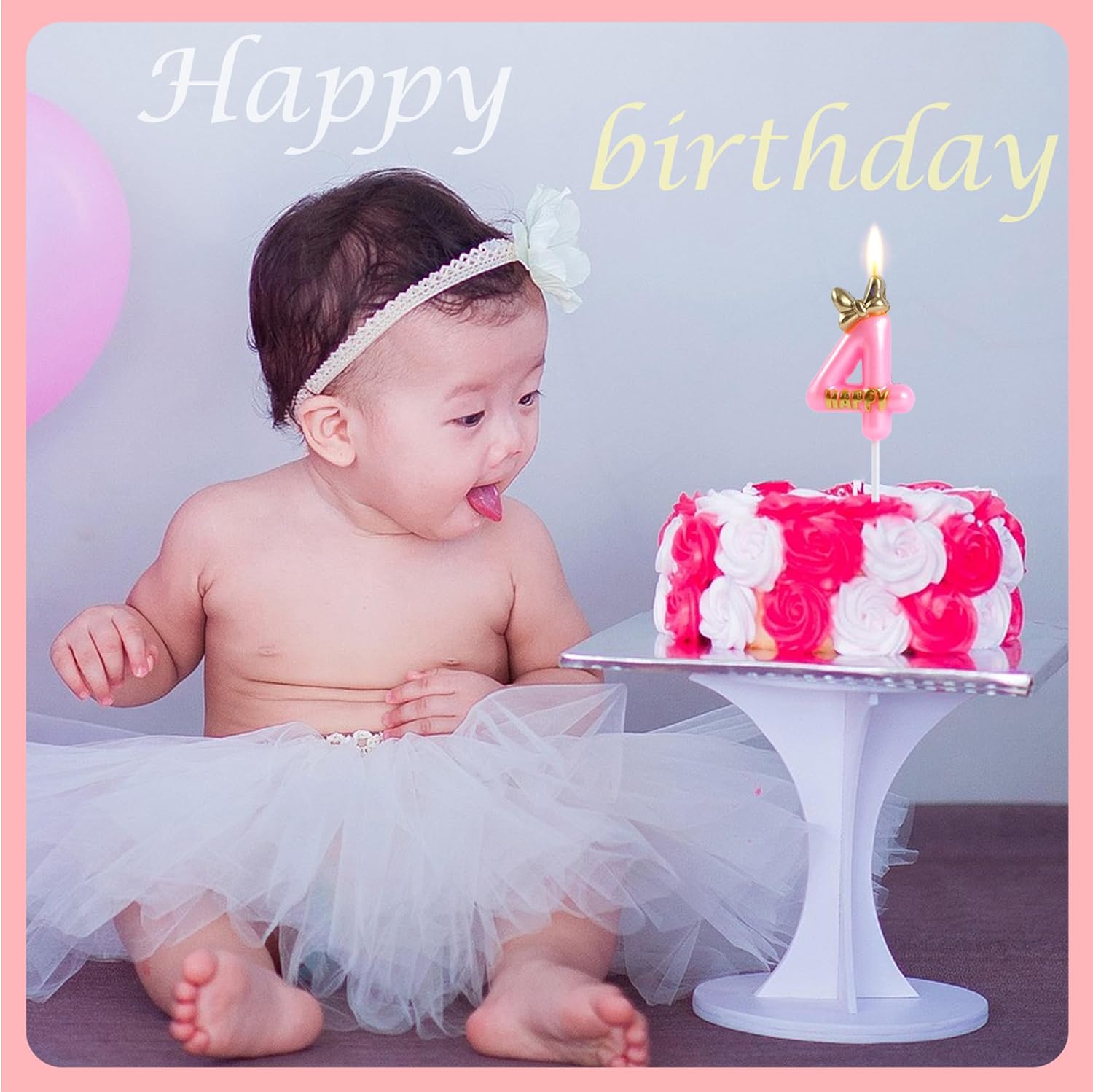 Pink Birthday Candles Number 4 Candle with Bow Bowknot Bowtie and Metallic Gold Mini Happy Letter for Happy 4th Mouse Theme Birthday Cake Topper Party Supplies Decor (4.7 Inch) image 4