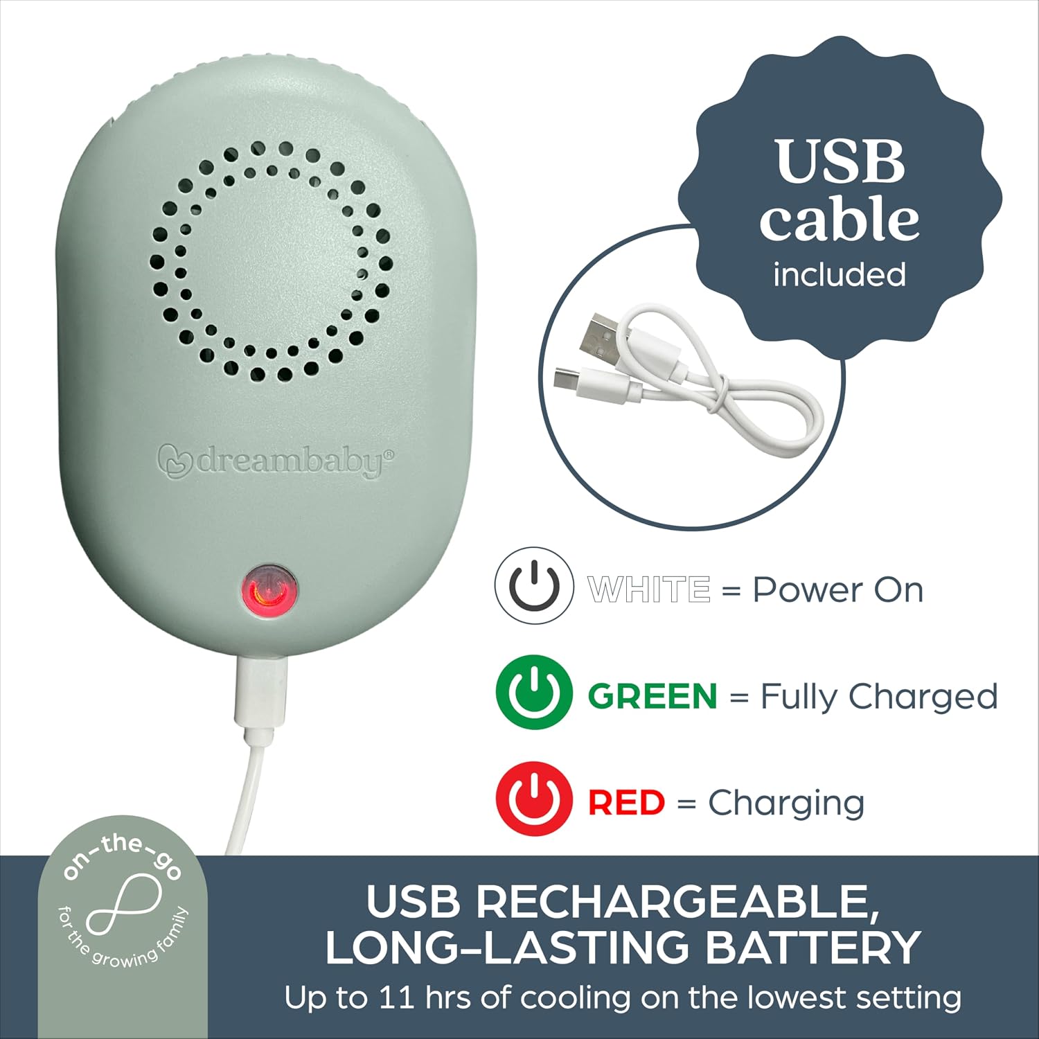 Dreambaby Breezz-to-Go USB Rechargeable Bladless Baby Fan with Swivel Strap – Portable Cooling for Strollers, Car Seats & Travel