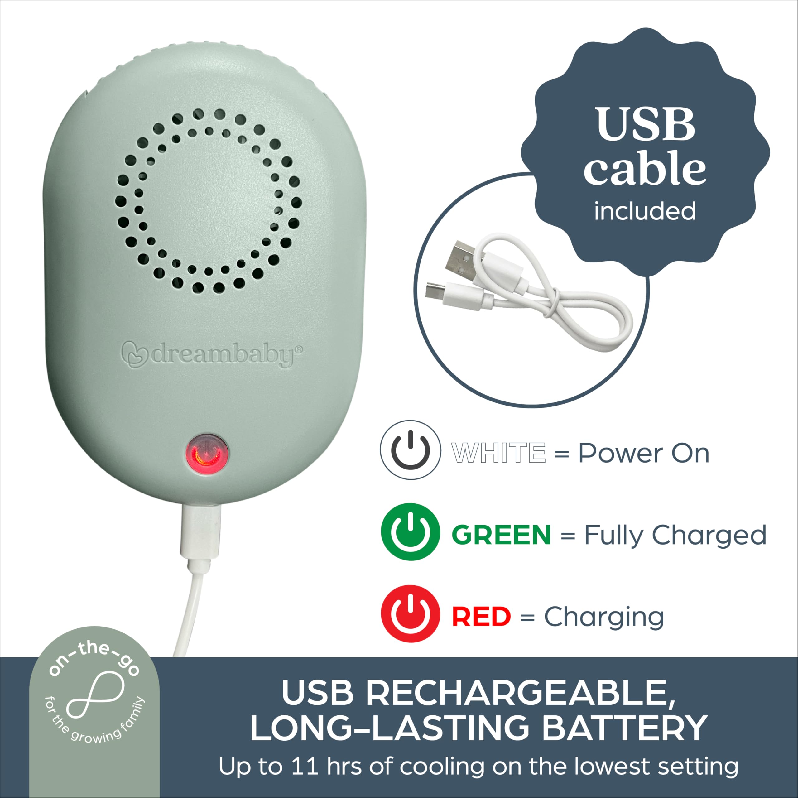 Dreambaby Breezz-to-go Chargeur USB rechargeable à clipser et ventilateur portable – Tient dans votre sac – Idéal pour les voyages, la poussette, le porte-bébé, la maison ou le bureau – Vert sauge