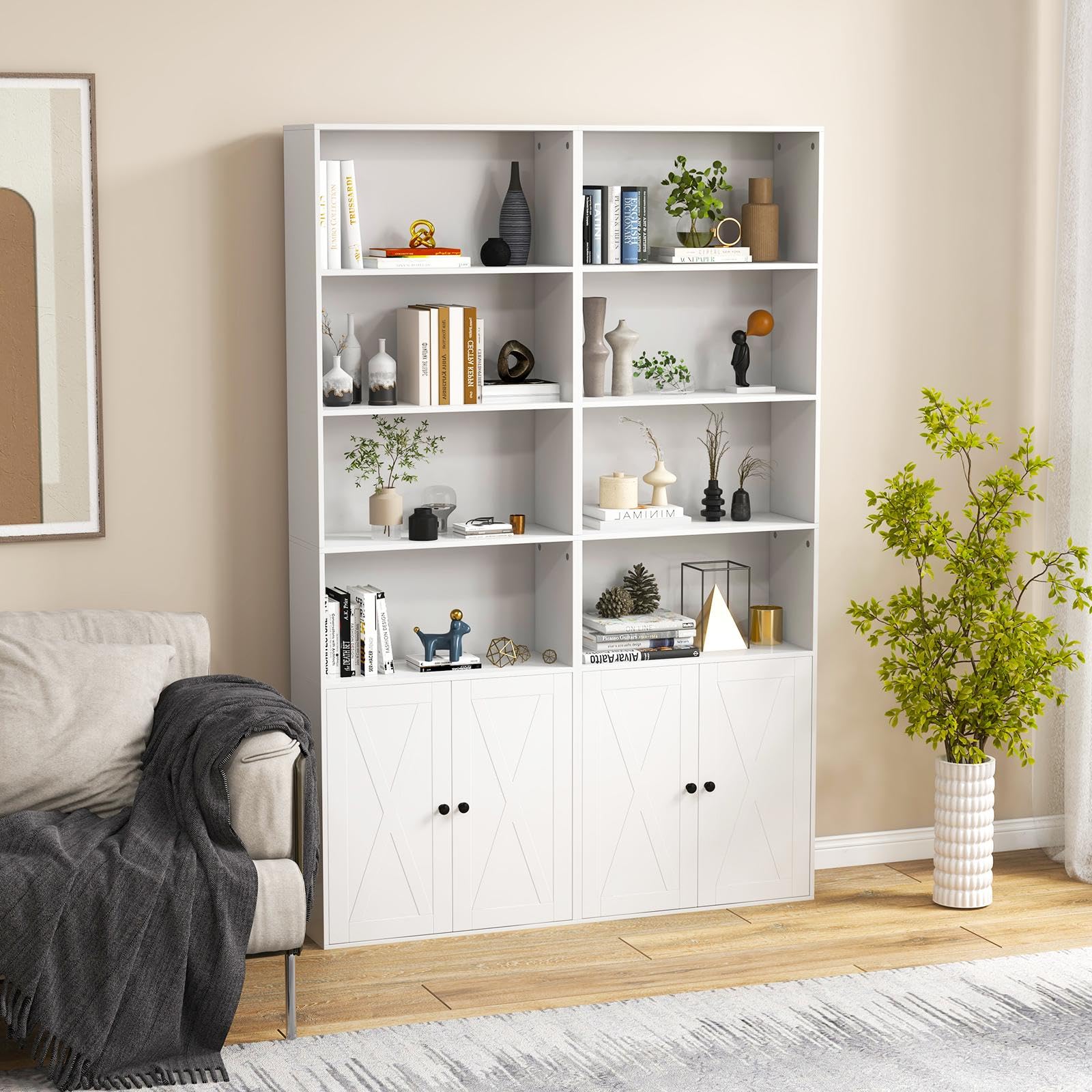 KOMFOTTEU Libreria Chiusa in Legno con Armadio a Ante, 6 Ripiani Aperti, Librerie Moderne con Ripiano Rimovibile, Libreria Scaffale, 60 x 24 x 180 cm, Bianco