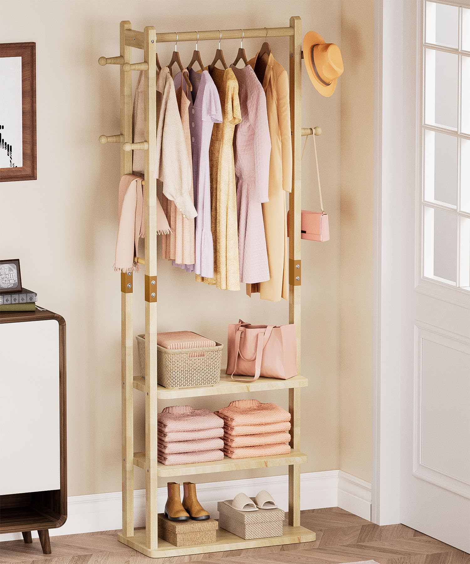 Yorbay Perchero multifuncional de madera independiente: perchero de pie sólido con estantes, perchero para ropa, sombrero, para salón, dormitorio, oficina | Perchero de pie de madera maciza con estantes, ganchos y perchero para ropa y sombreros en el saló