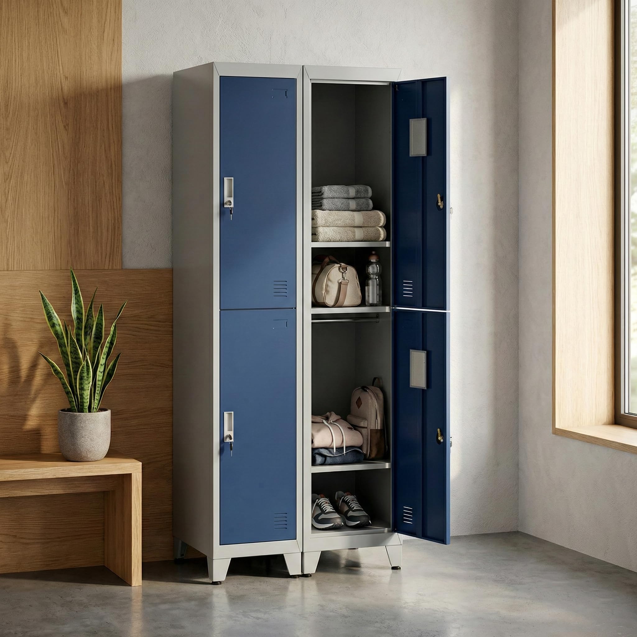 Brigros - Armadietto Metallico Multiuso, Armadio Spogliatoio Salvaspazio Con Serratura, Armadietto Vari Ripiani Con Ante In Metallo Per Ufficio O Spogliatoio (Blue, 2 Ante)