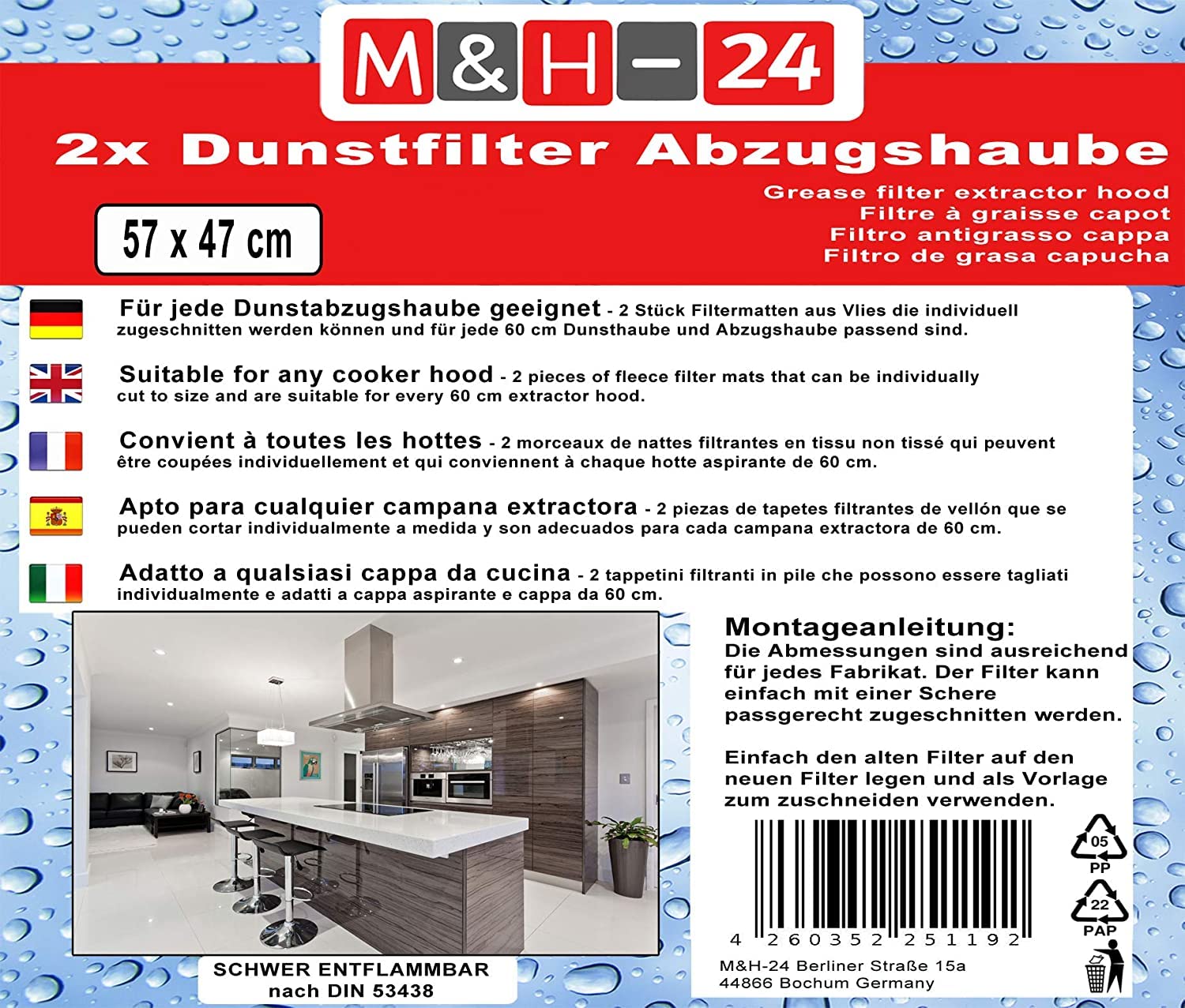 Filtr okapu kuchennego - uniwersalny filtr do okapów kuchennych Filtr tłuszczu 47 x 57 cm (2 sztuki)
