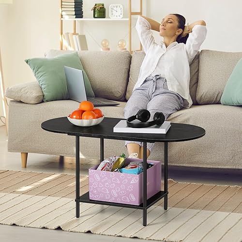 Miniatura 3 de ETELI Mesas de centro negras para sala de estar, pequeña mesa de centro ovalada de 2 niveles, mesas auxiliares de madera con estante de