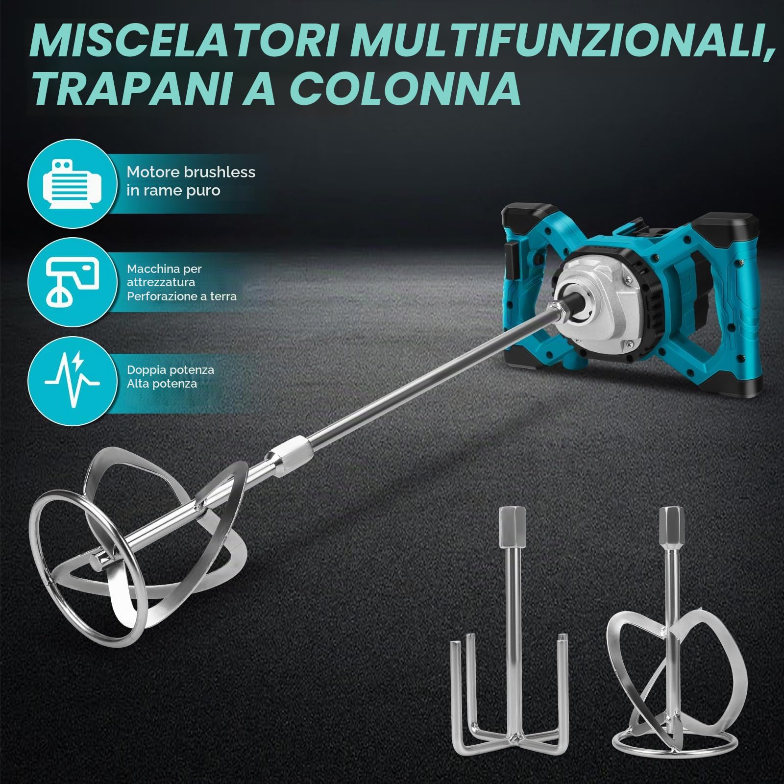 Miscelatore senza fili per vernice e calcestruzzo compatibile con batteria Makita 18 V, miscelatore elettrico a pagaia con 6 velocità, 2 fruste, per miscelare malta per mangimi (senza batteria)