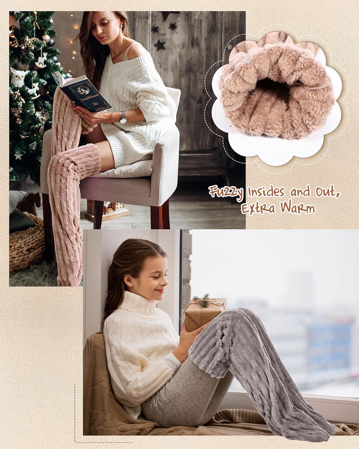 Geyoga 2 Pairs Over Knee Fuzzy Socks Winter Thigh High Leg Warmers Extra Thick Long Sleeping Socks for Women Winter Sleeping - Image 5