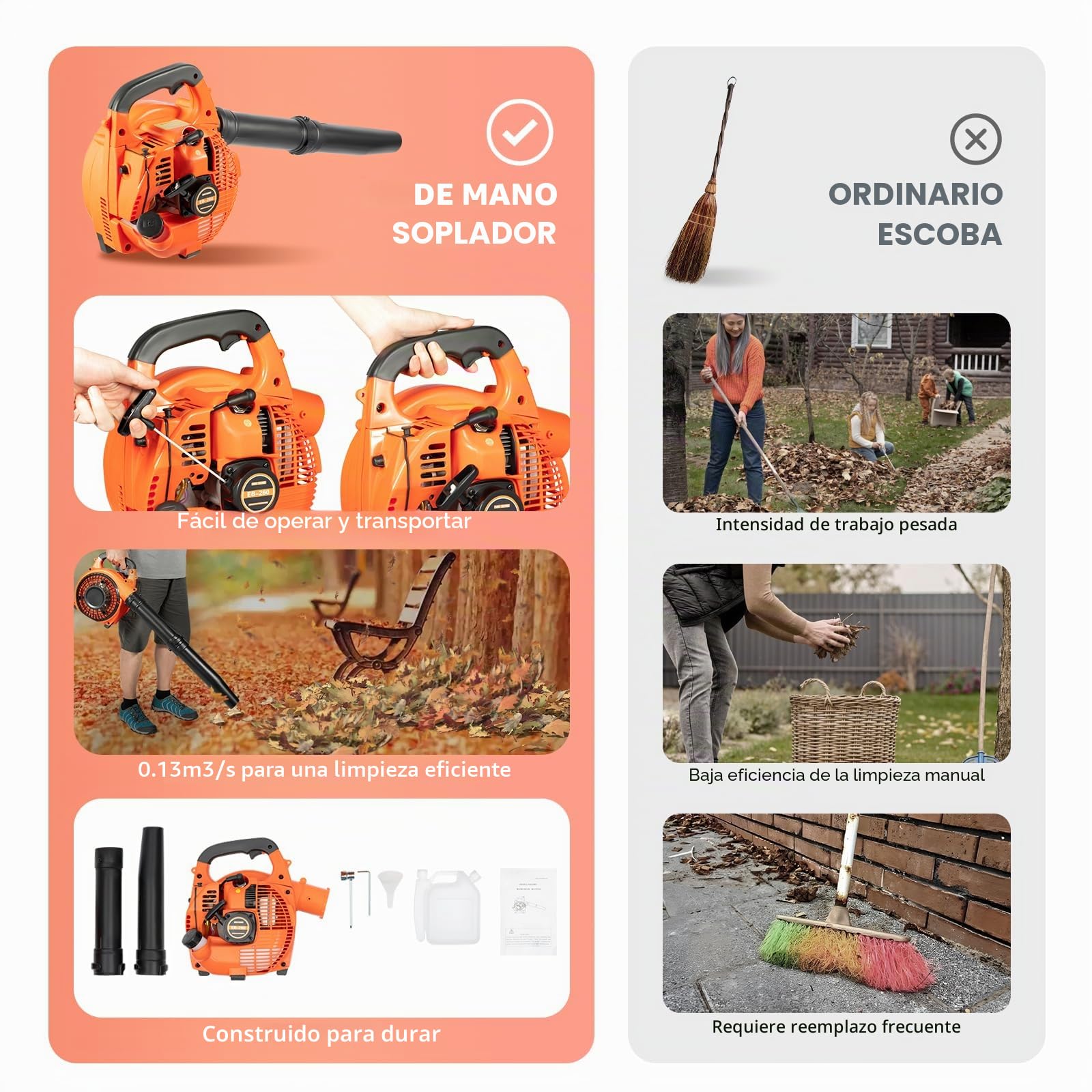 Soplador de hojas de gasolina, aspirador de hojas de gasolina, soplador de hojas, soplador portátil, 2 tiempos, enfriado por aire, soplador para jardín, cuidado del césped, terraza, burbujas