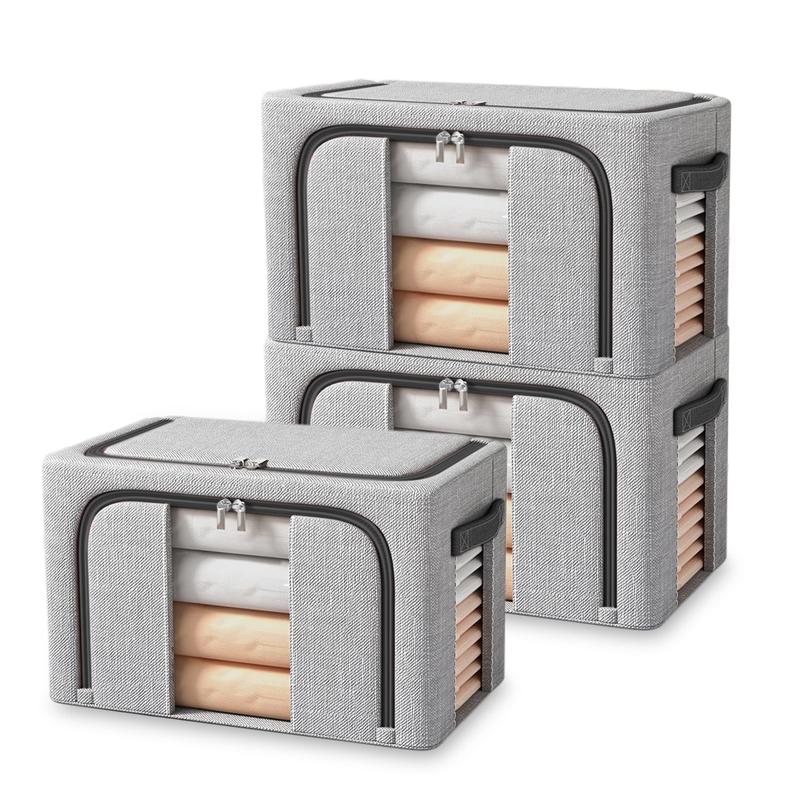Pack of 3 Foldable Storage Boxes, 24 L Cupboard Organiser for Clothes Storage & Organisation, with Metal Frame and Zip, Suitable for Duvets, Blankets and Clothes - Grey-image-11